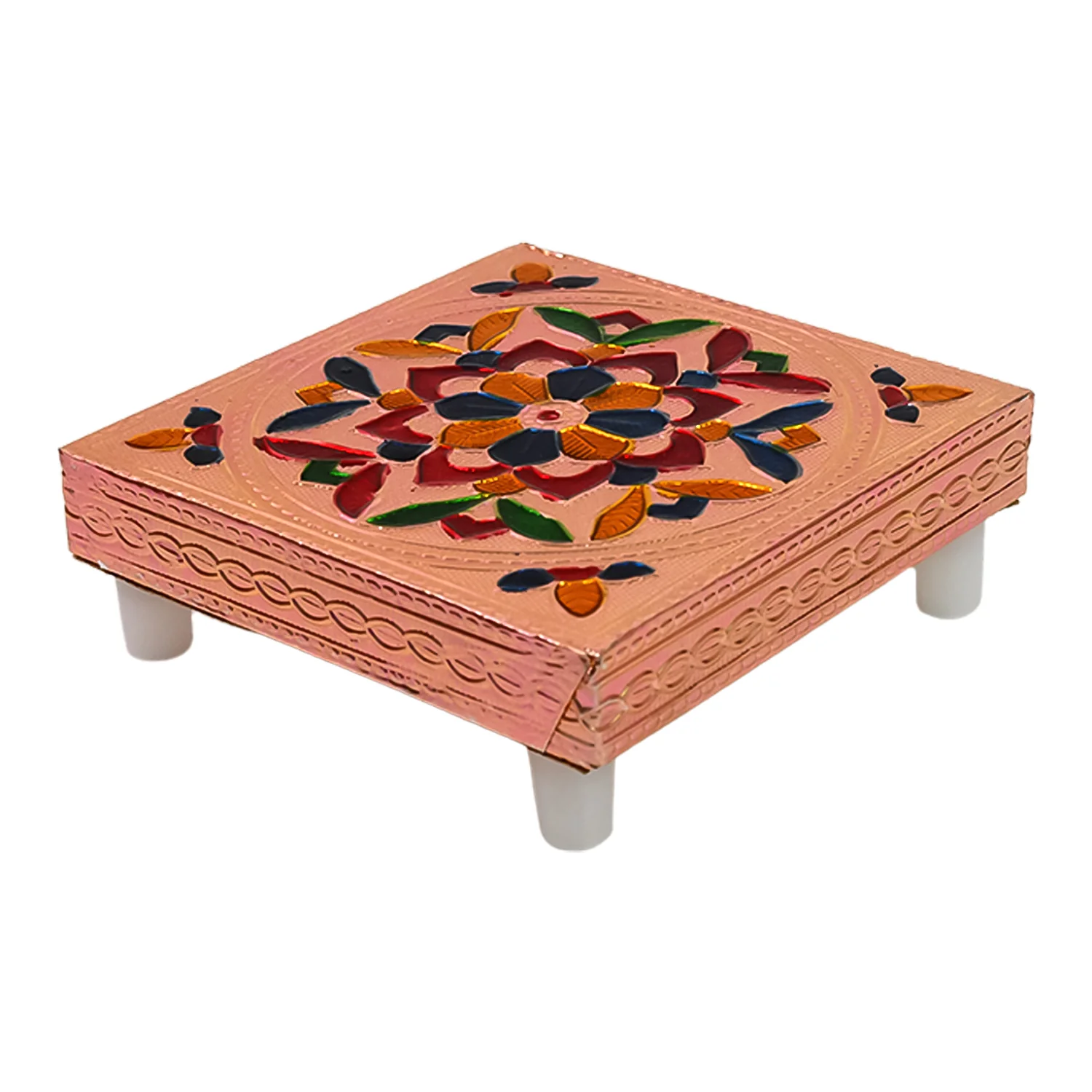1 Pc Meenakari Wooden Chowki & Bajot Set: For Home & Office Puja (Multicolor) - Image 5