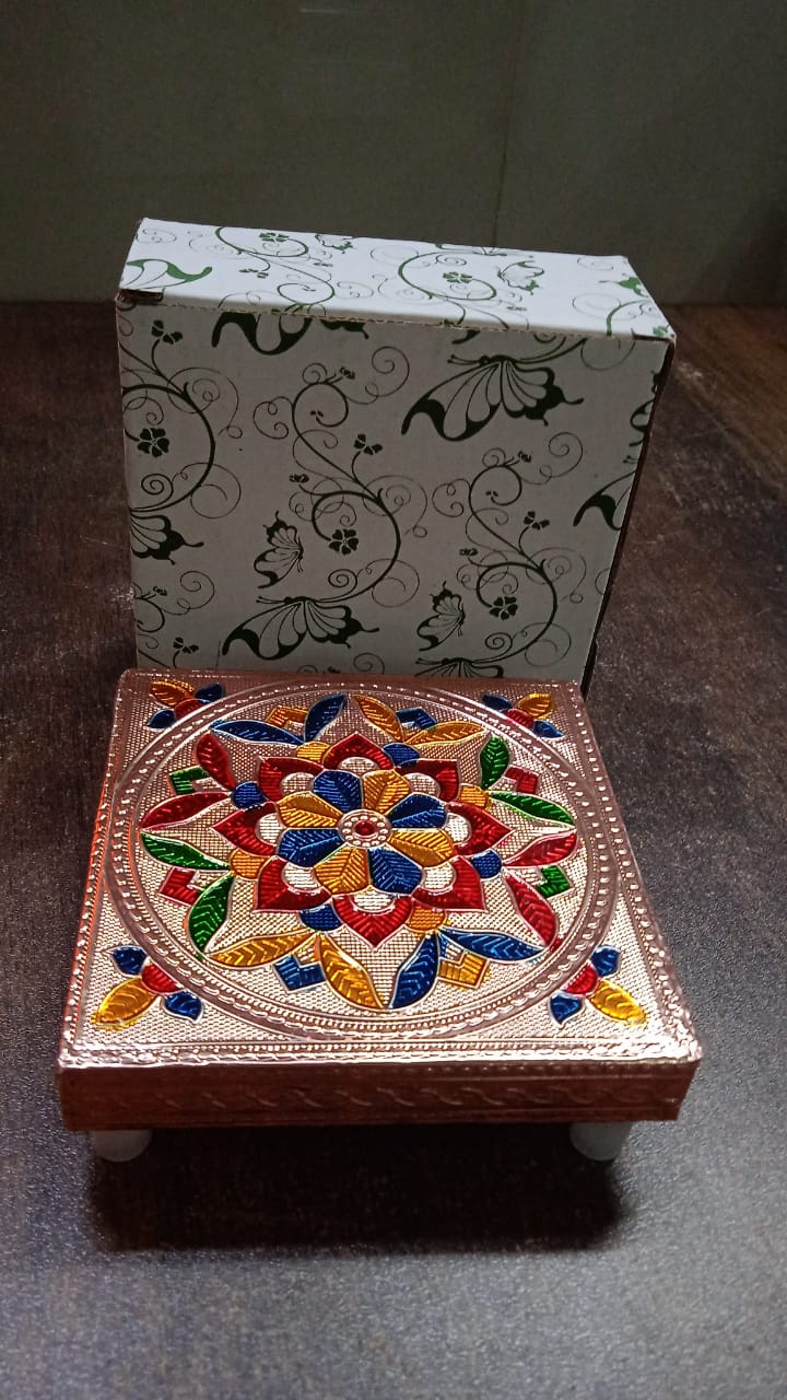 1 Pc Meenakari Wooden Chowki & Bajot Set: For Home & Office Puja (Multicolor) - Image 7
