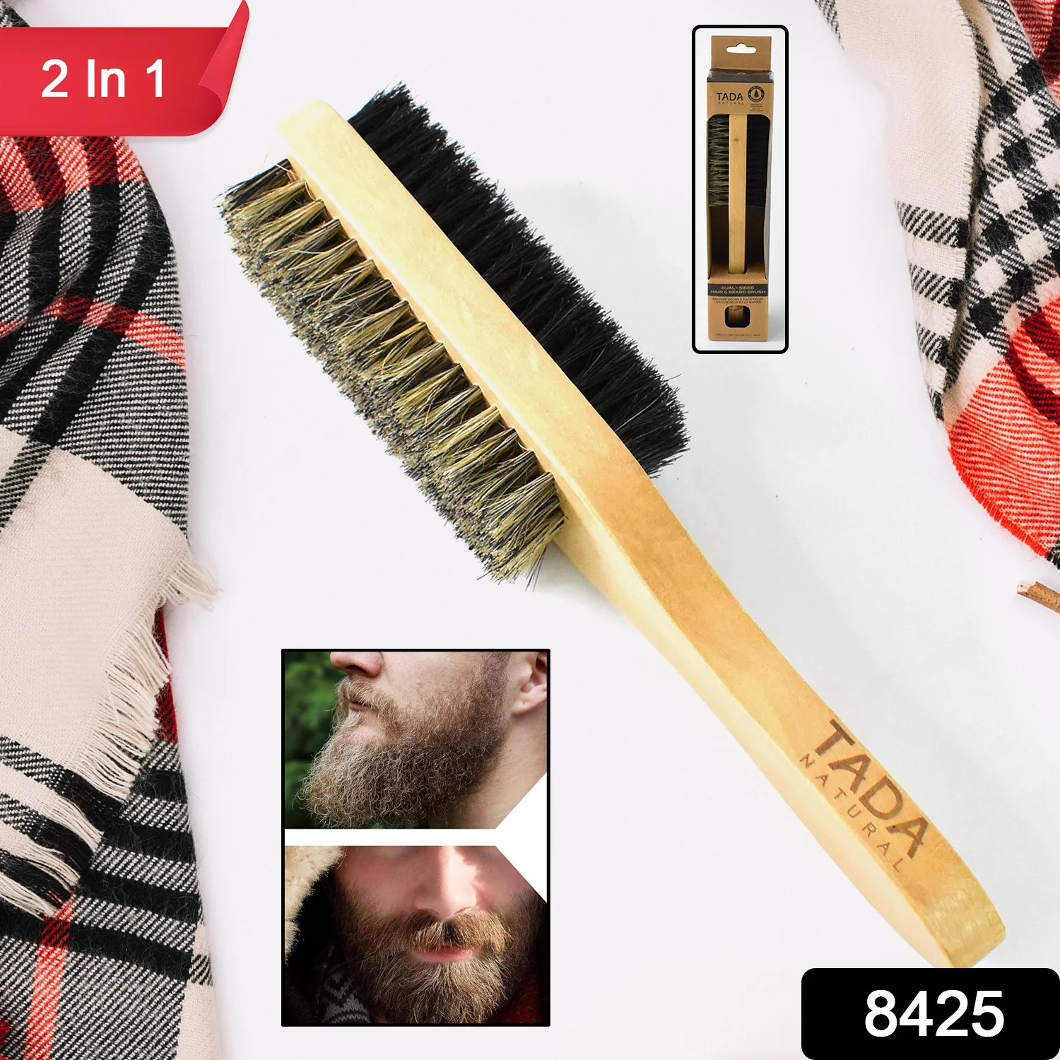2 in 1 Dual Side Hair Bristle Beard Brush for Men Beard Comb (1 Pc) - Image 2