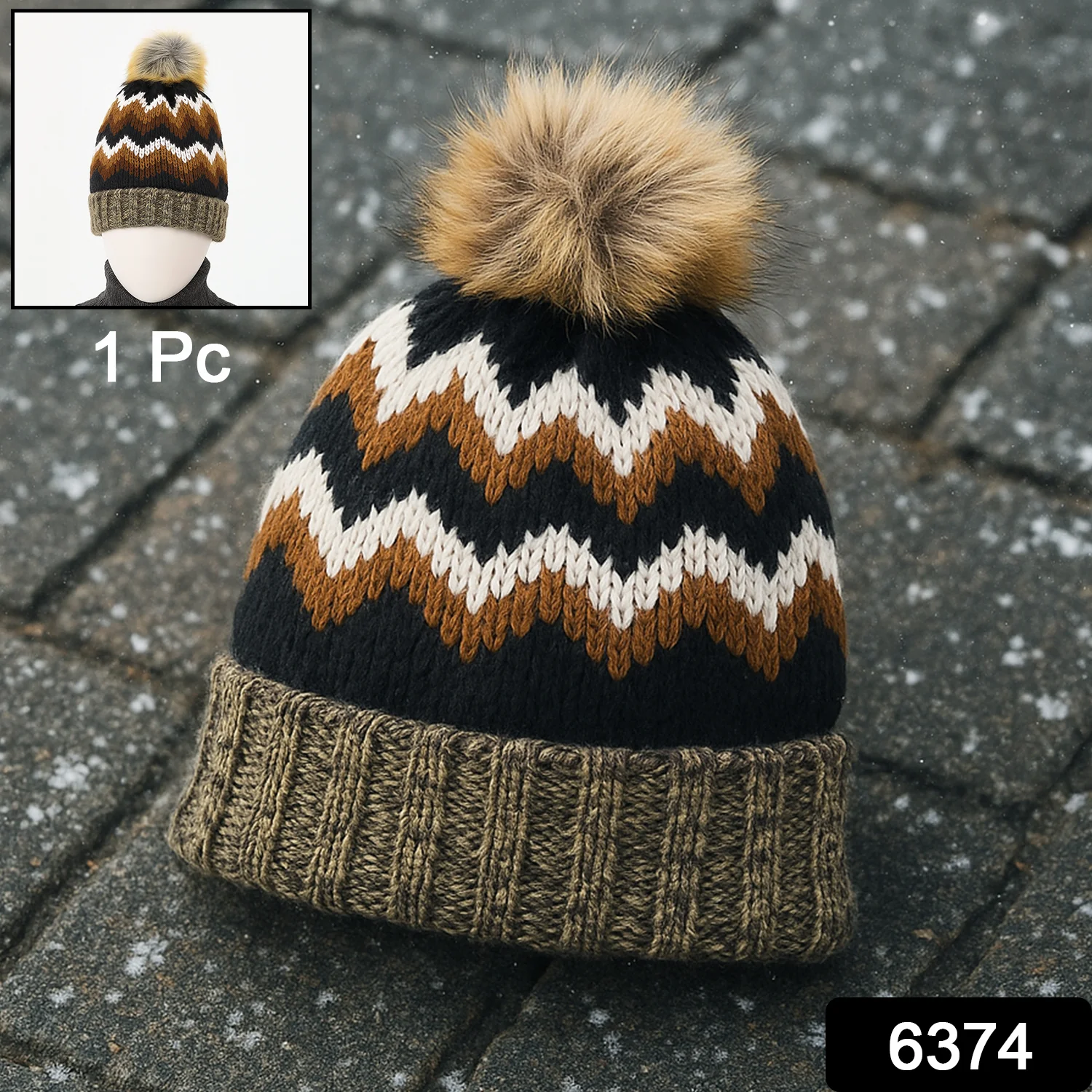 Winter Woolen Knitted Black Inside Fur Beanie Cap (1 Pc / Mix Design & Color) - Image 2