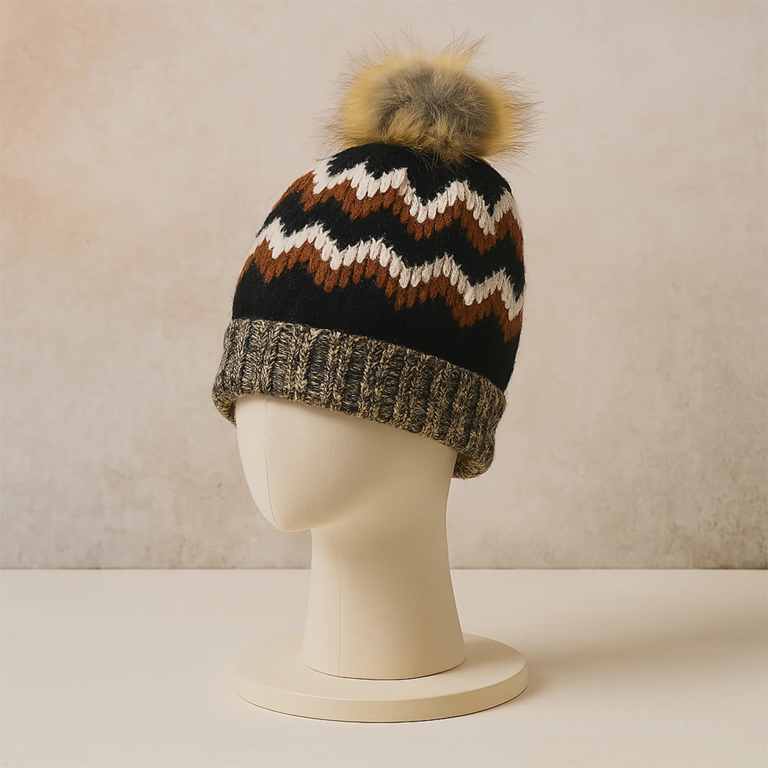 Winter Woolen Knitted Black Inside Fur Beanie Cap (1 Pc / Mix Design & Color) - Image 3