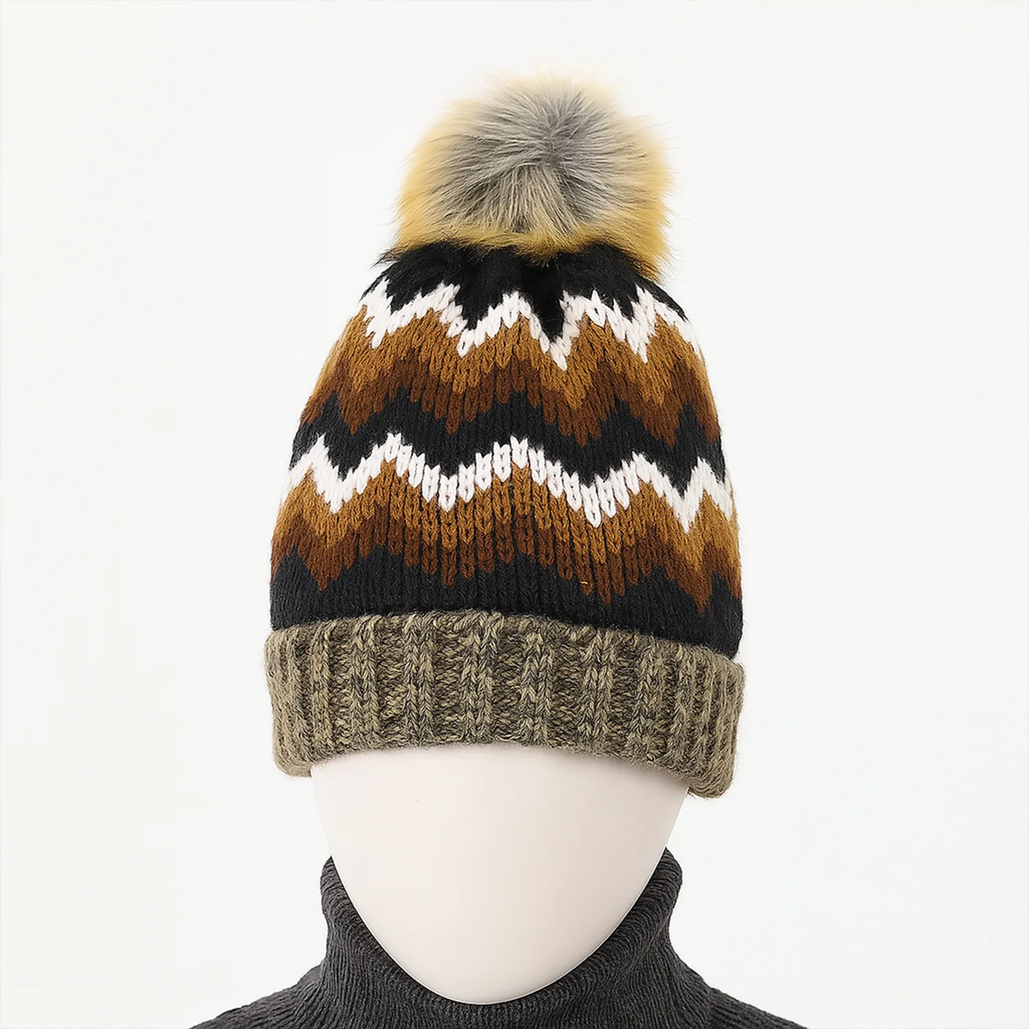 Winter Woolen Knitted Black Inside Fur Beanie Cap (1 Pc / Mix Design & Color) - Image 4