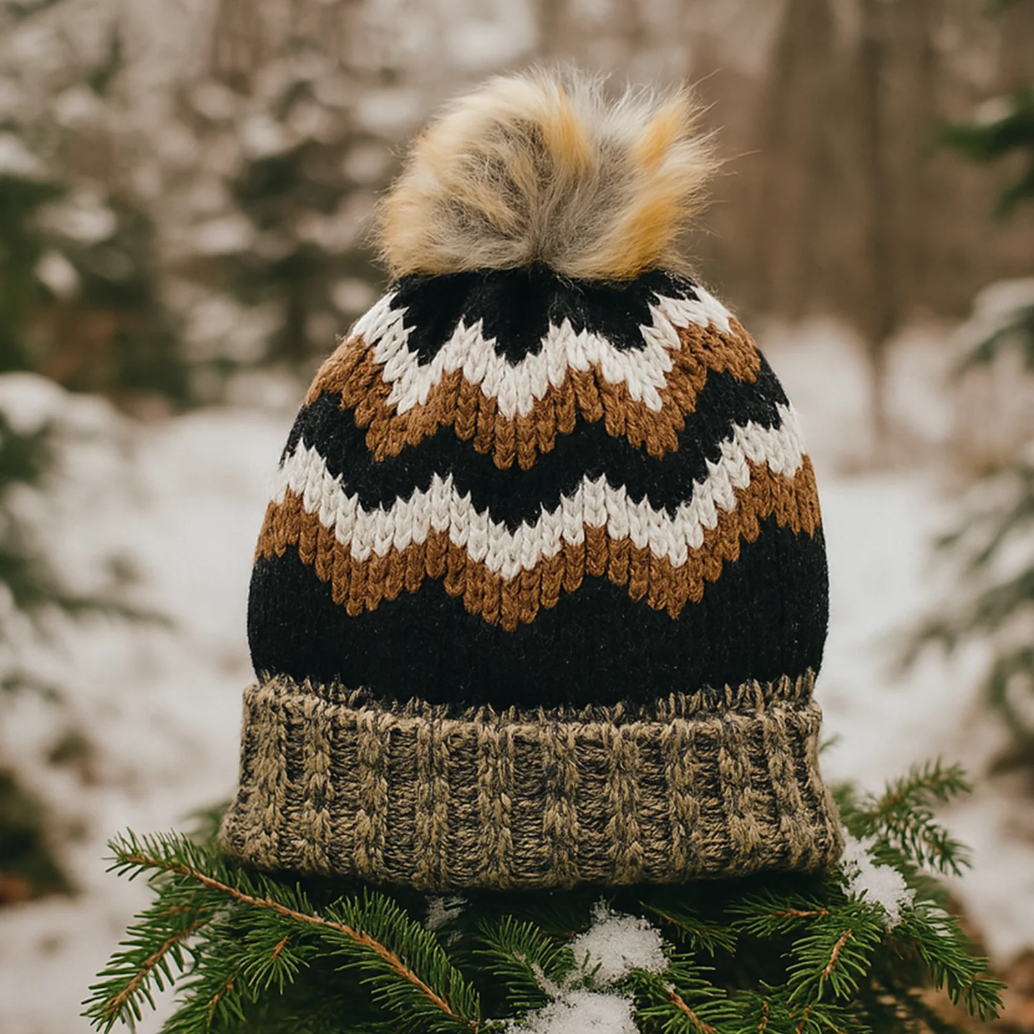 Winter Woolen Knitted Black Inside Fur Beanie Cap (1 Pc / Mix Design & Color) - Image 6