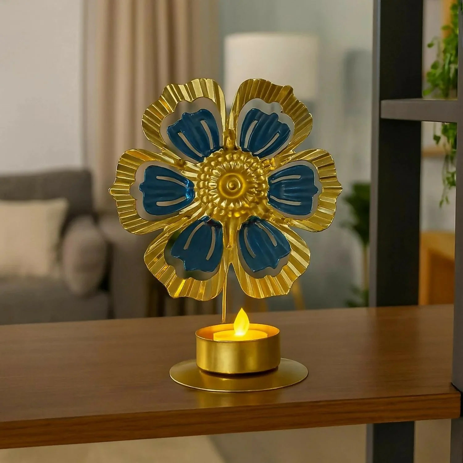 Metal Flower Tealight Candle Holder Decorative Table Showpiece - Image 2