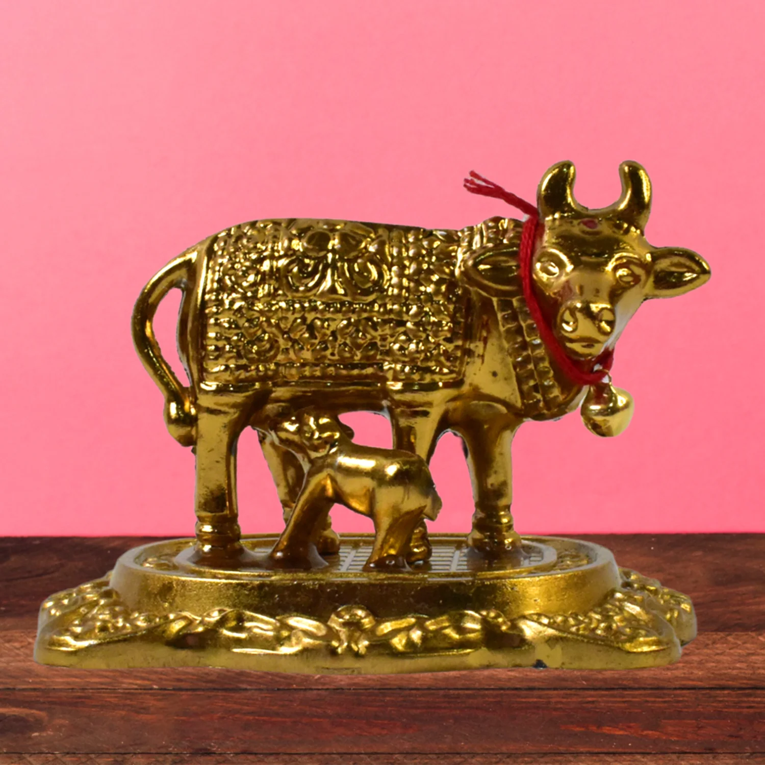 Metal Golden Kamdhenu Cow with Calf (1 Pc) - Image 3
