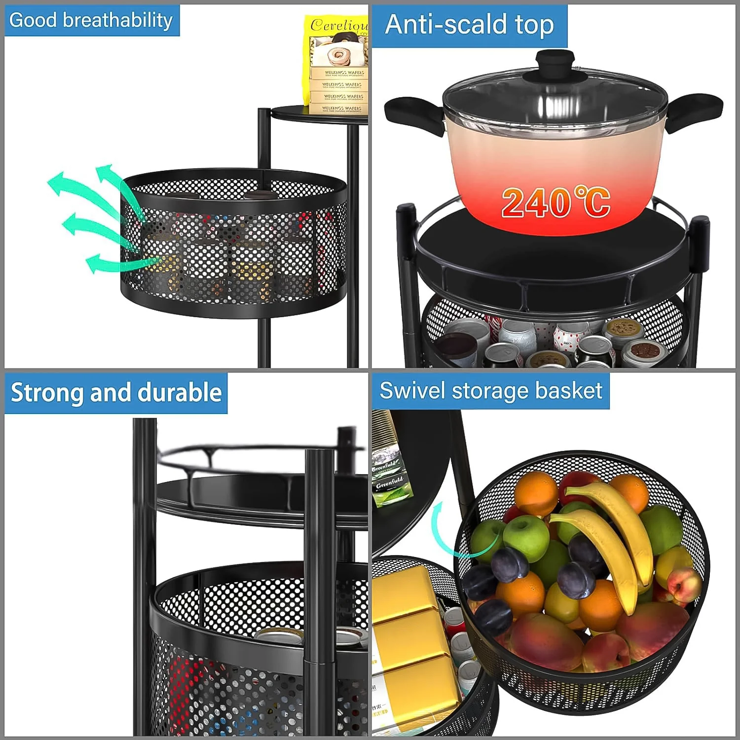 Metal Round High Quality Kitchen Trolley with Wheels (3 Layer / 1 Pc) - Image 3
