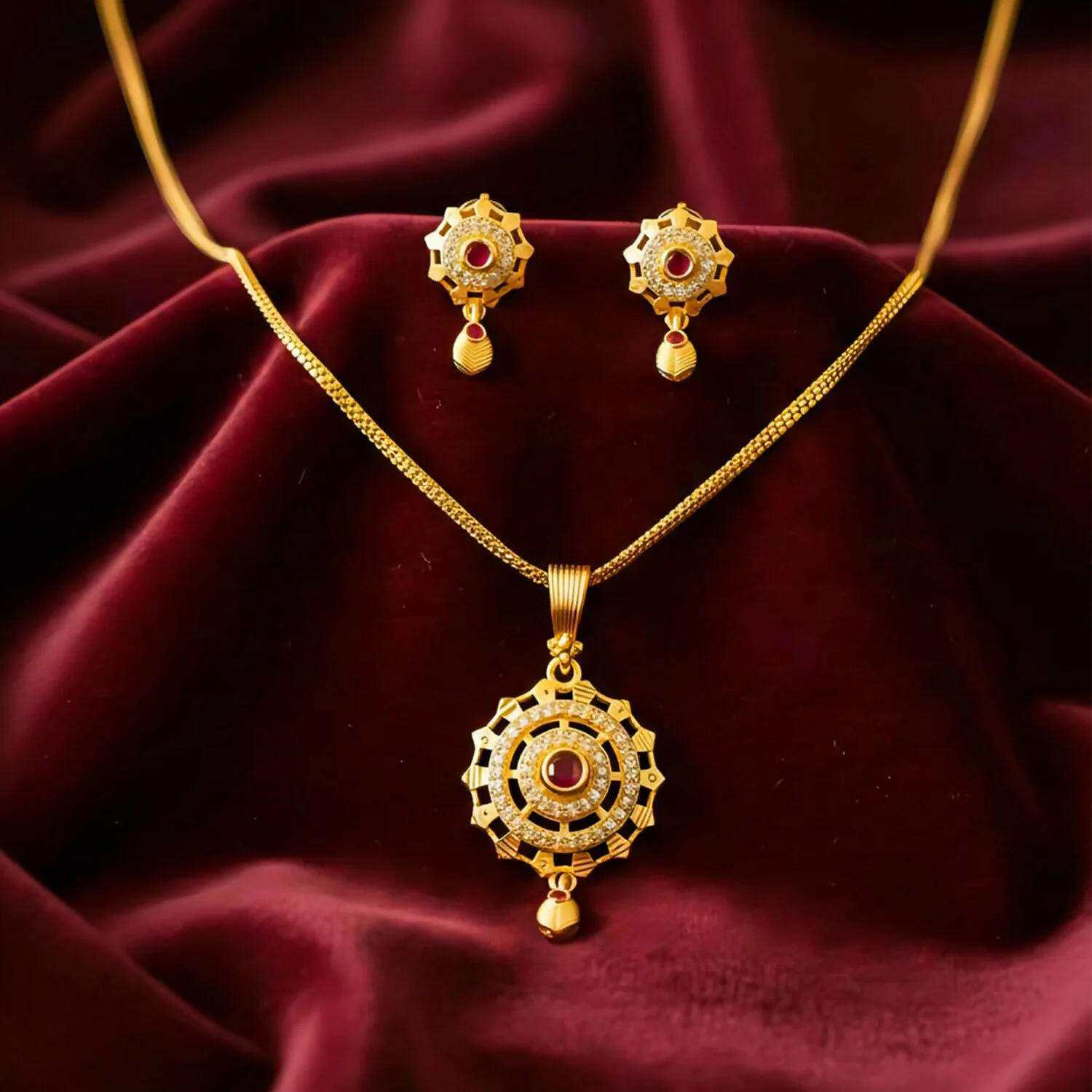Micro Gold-Plated Ruby and White Stone Pendant Set With Matching Earrings - Image 2