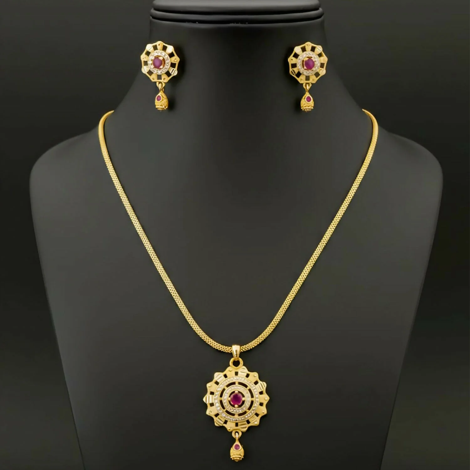 Micro Gold-Plated Ruby and White Stone Pendant Set With Matching Earrings - Image 4