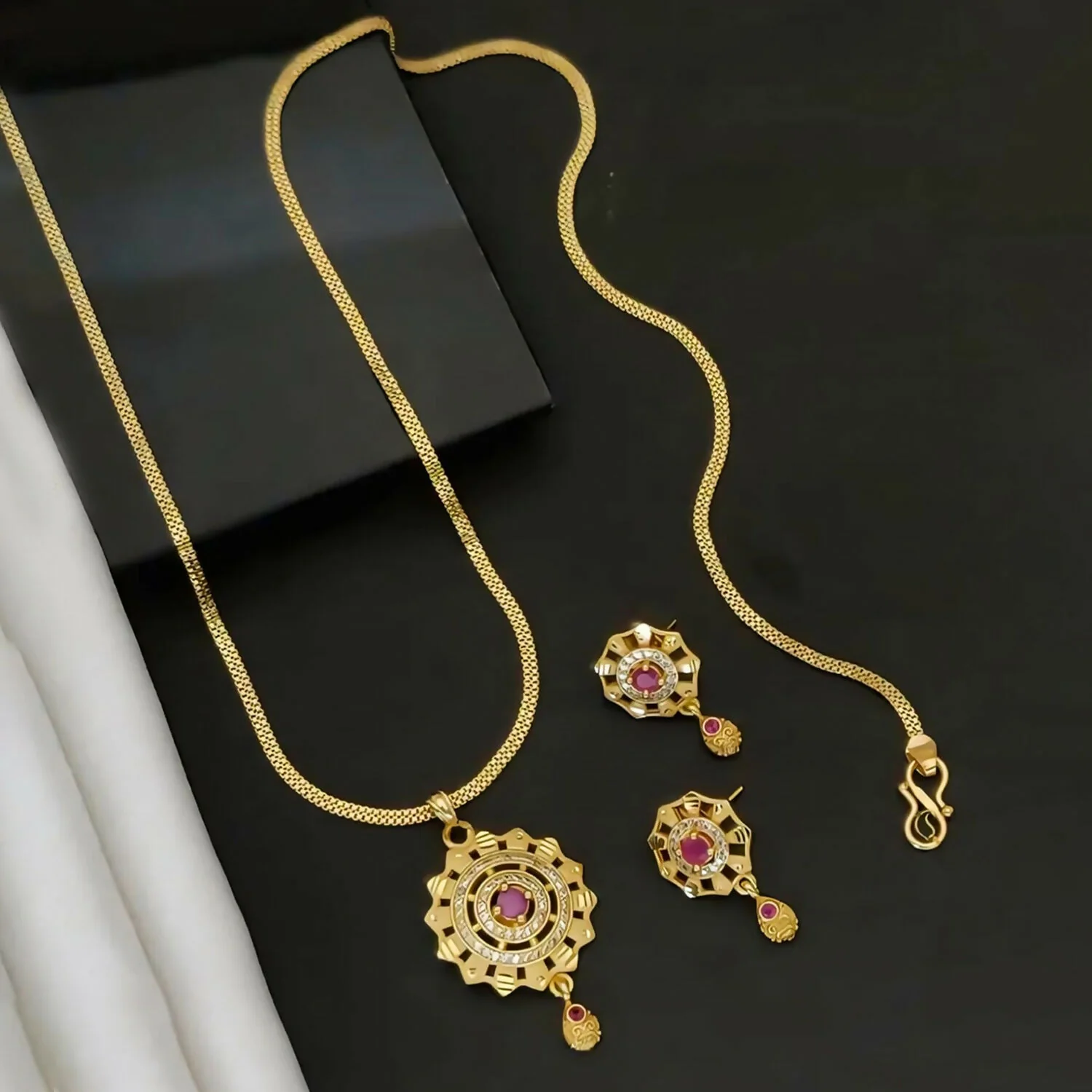 Micro Gold-Plated Ruby and White Stone Pendant Set With Matching Earrings - Image 5