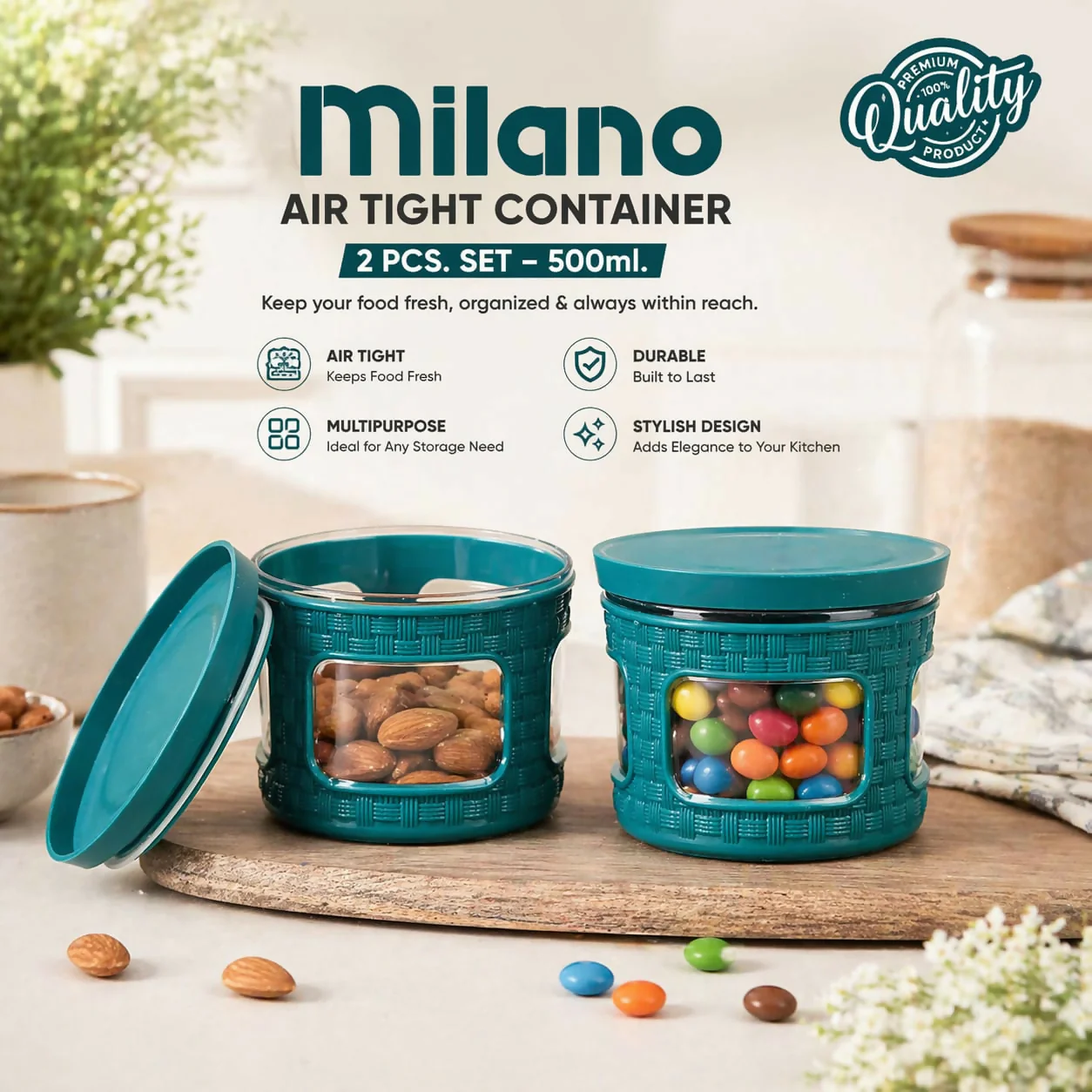 Milano Air Tight Jar Each Multipurpose Storage Container BPA Free ( Set Of 2pc, 500ml) - Image 3