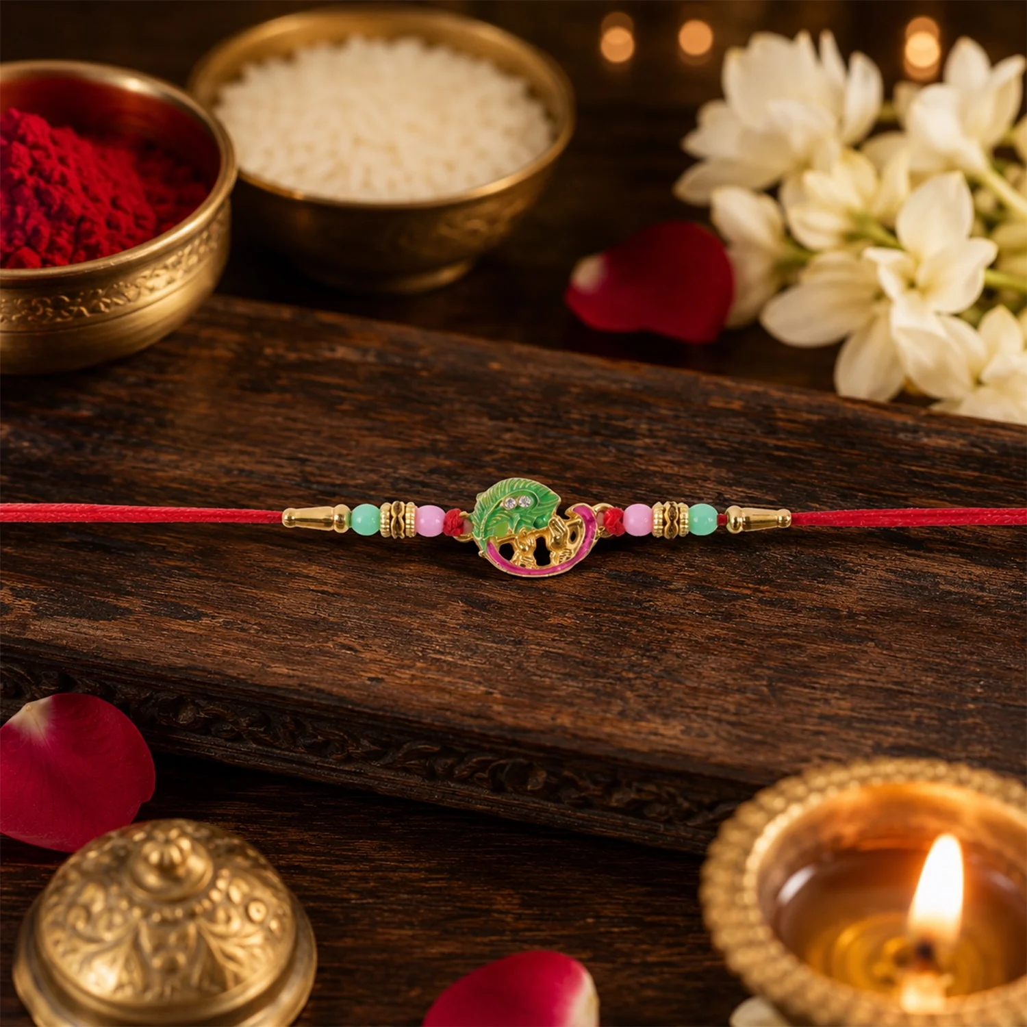 Mini Krishna with Peacock Leaf Designer Rakhi - Image 3
