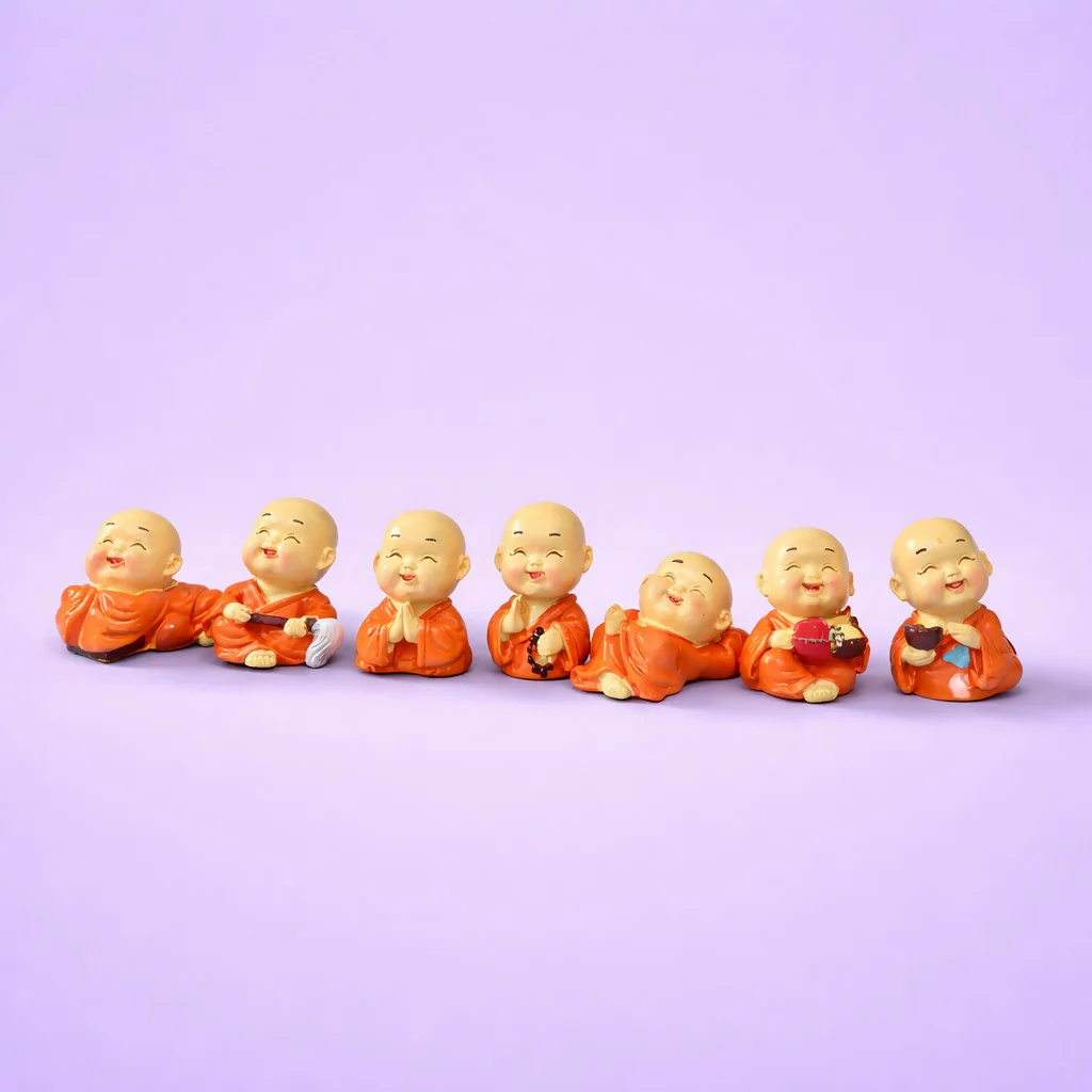 Mini Laughing Monk Figurines Set Of 8 for Home Decor, Office Desk & Gifting - Image 2