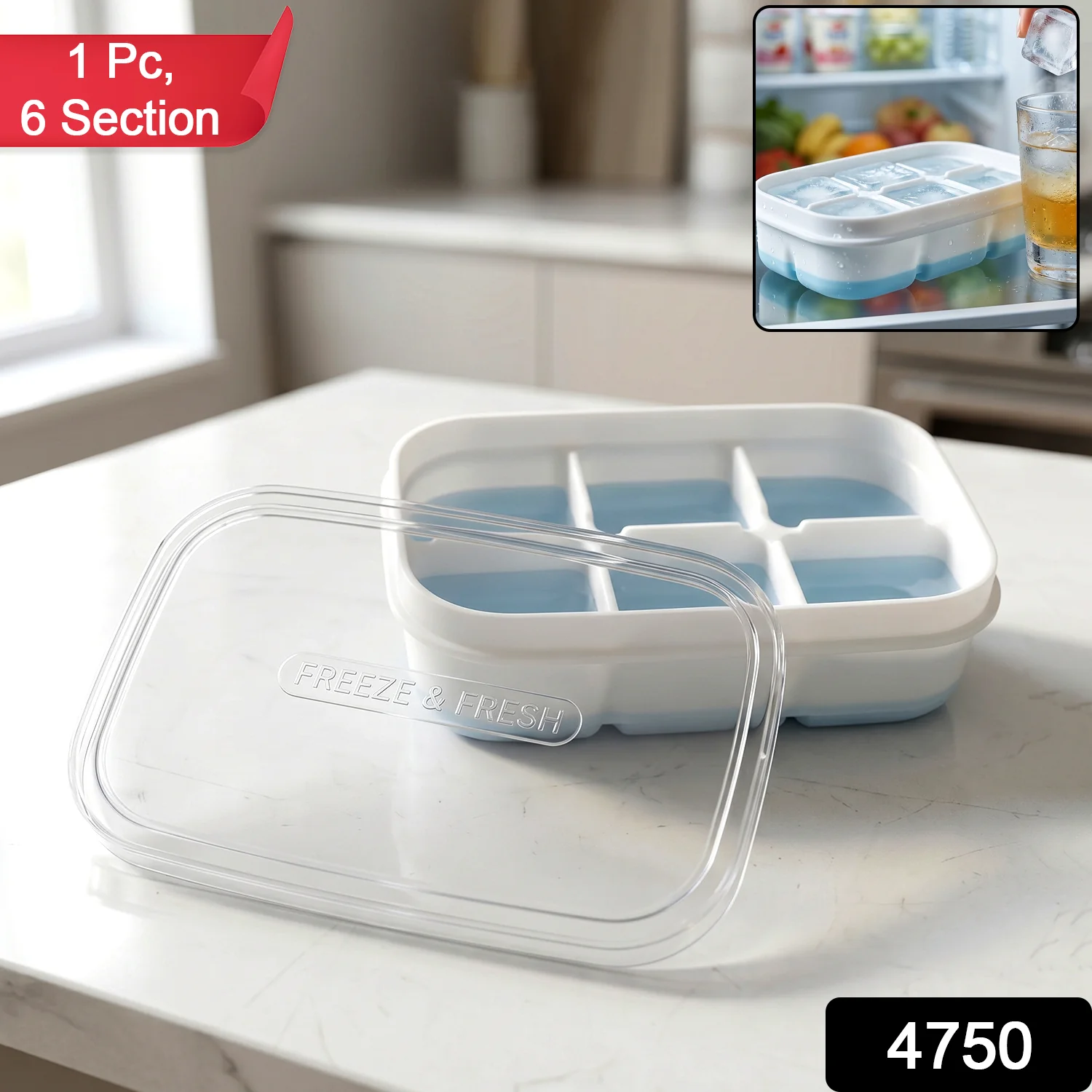 Mini Plastic 6 Cavity Ice Tray - Freeze & Fresh, Compact Ice Cube Tray - Image 2