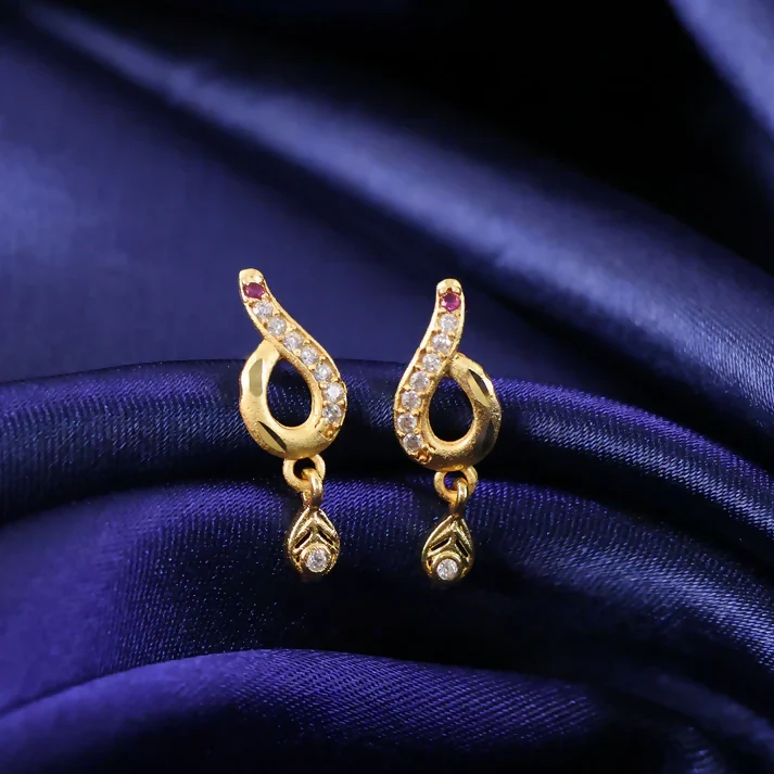 Minimal Curved Leaf Gold Earrings With Crystal Line Work And Small Drop Detailing - Image 2