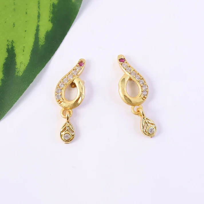Minimal Curved Leaf Gold Earrings With Crystal Line Work And Small Drop Detailing - Image 3