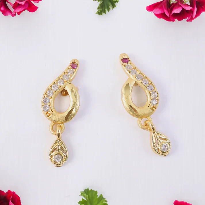 Minimal Curved Leaf Gold Earrings With Crystal Line Work And Small Drop Detailing - Image 4