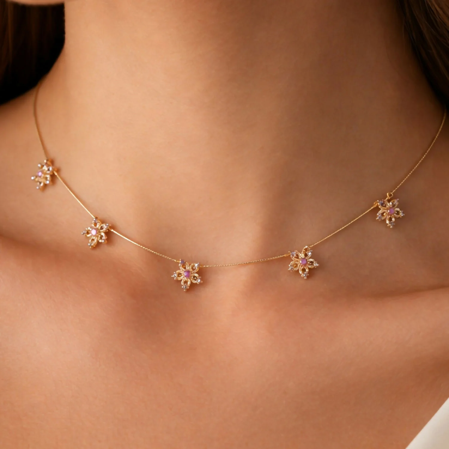 Minimalist Gold Chain with Floral Star Design Red White Stone Elegant Necklace - Image 2
