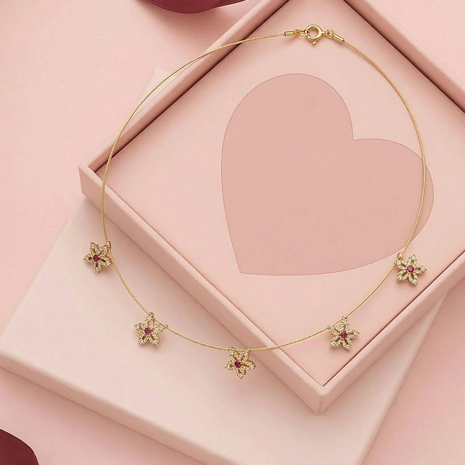 Minimalist Gold Chain with Floral Star Design Red White Stone Elegant Necklace - Image 3