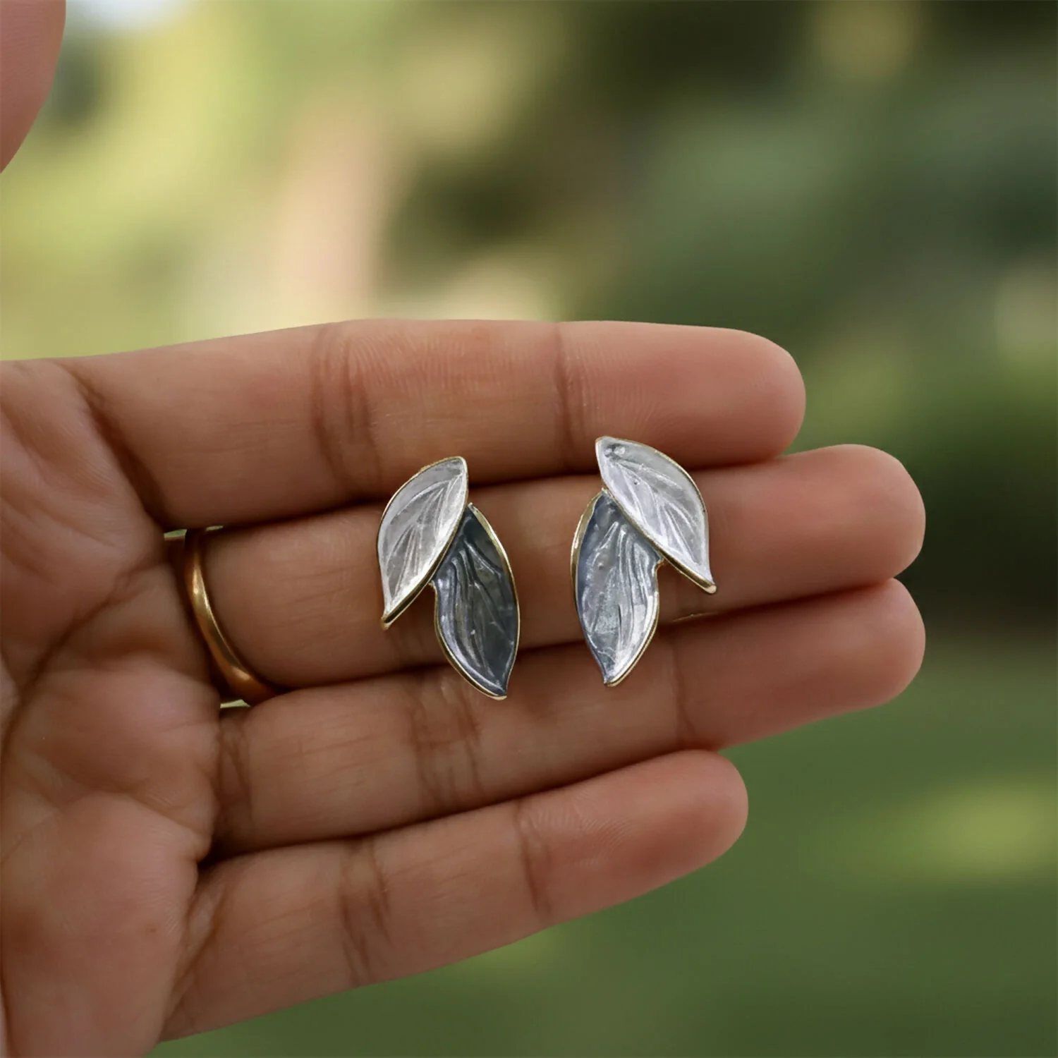 Minimalist Nature-Inspired Leaf Studs Korean Style – Premium Pearlescent Enamel Earrings - Image 2