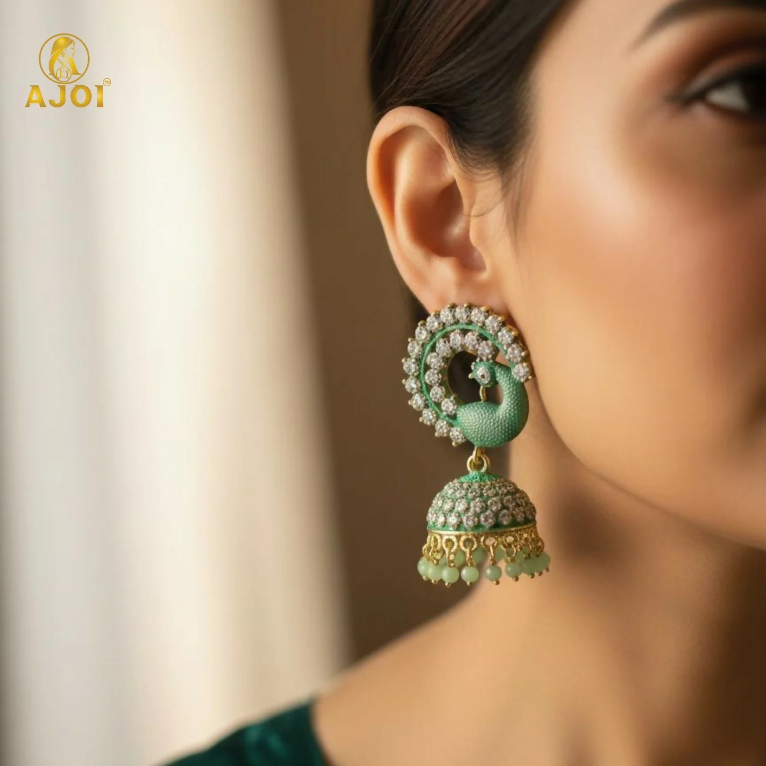 Mint Green Peacock Stone Jhumka Earrings - Image 2