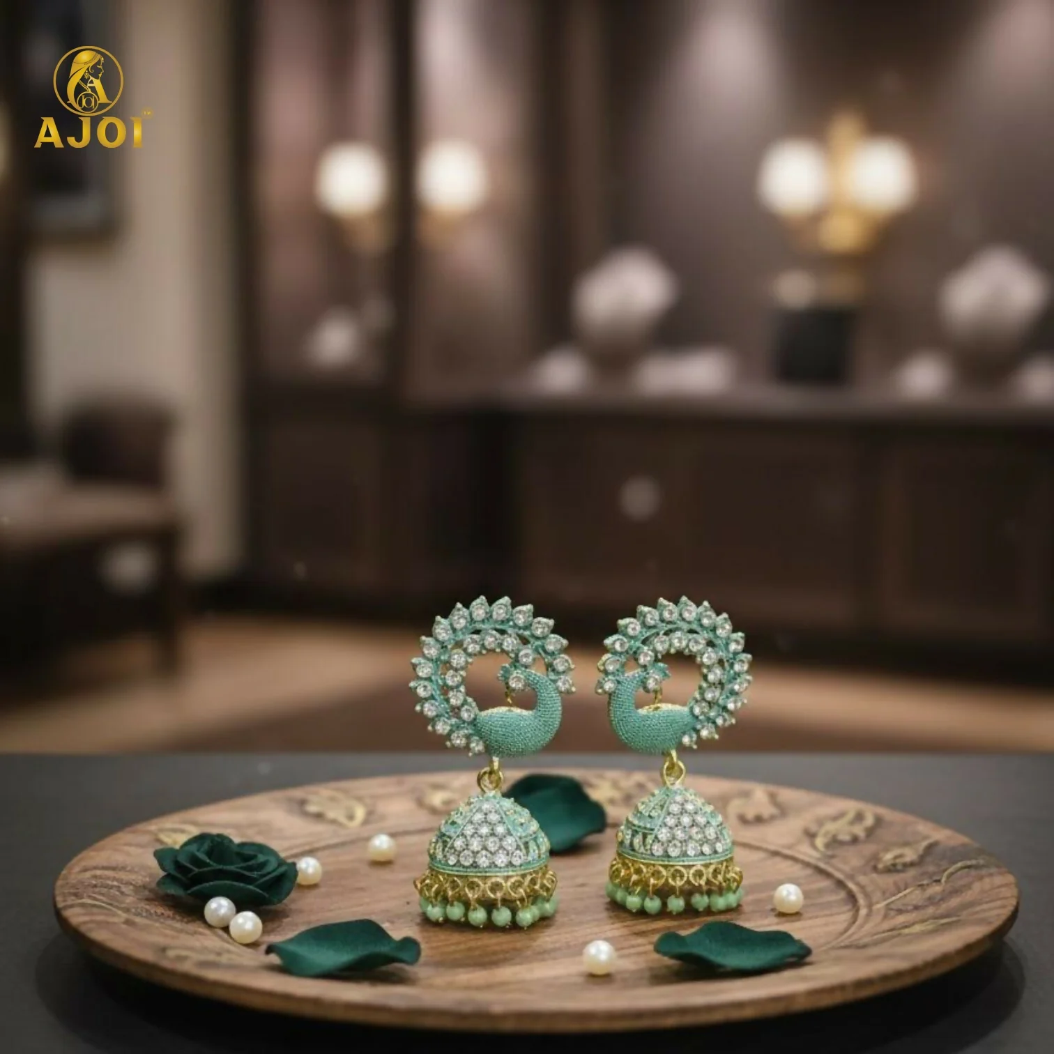 Mint Green Peacock Stone Jhumka Earrings - Image 3