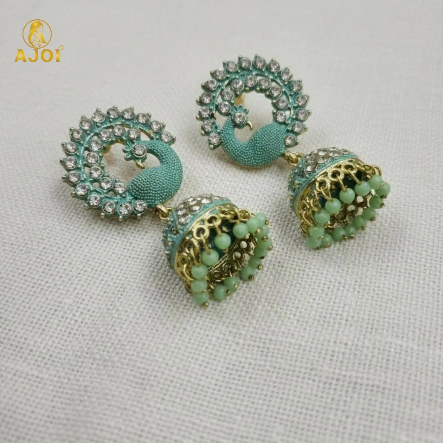 Mint Green Peacock Stone Jhumka Earrings - Image 4