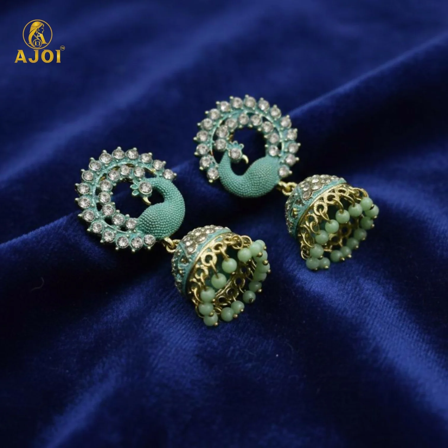 Mint Green Peacock Stone Jhumka Earrings - Image 5