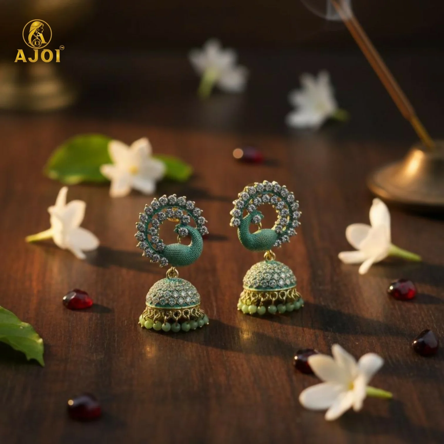 Mint Green Peacock Stone Jhumka Earrings - Image 6