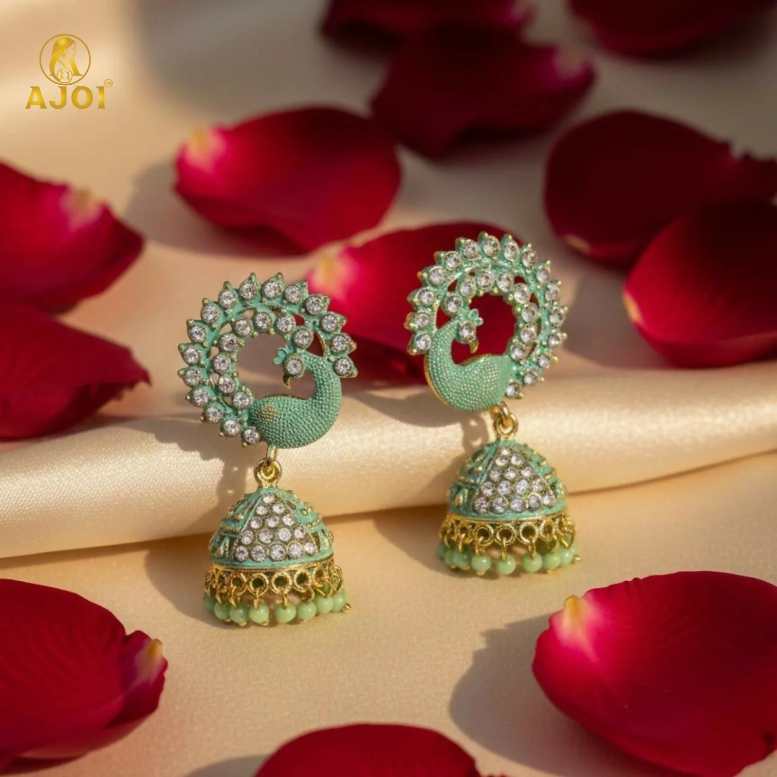 Mint Green Peacock Stone Jhumka Earrings - Image 7