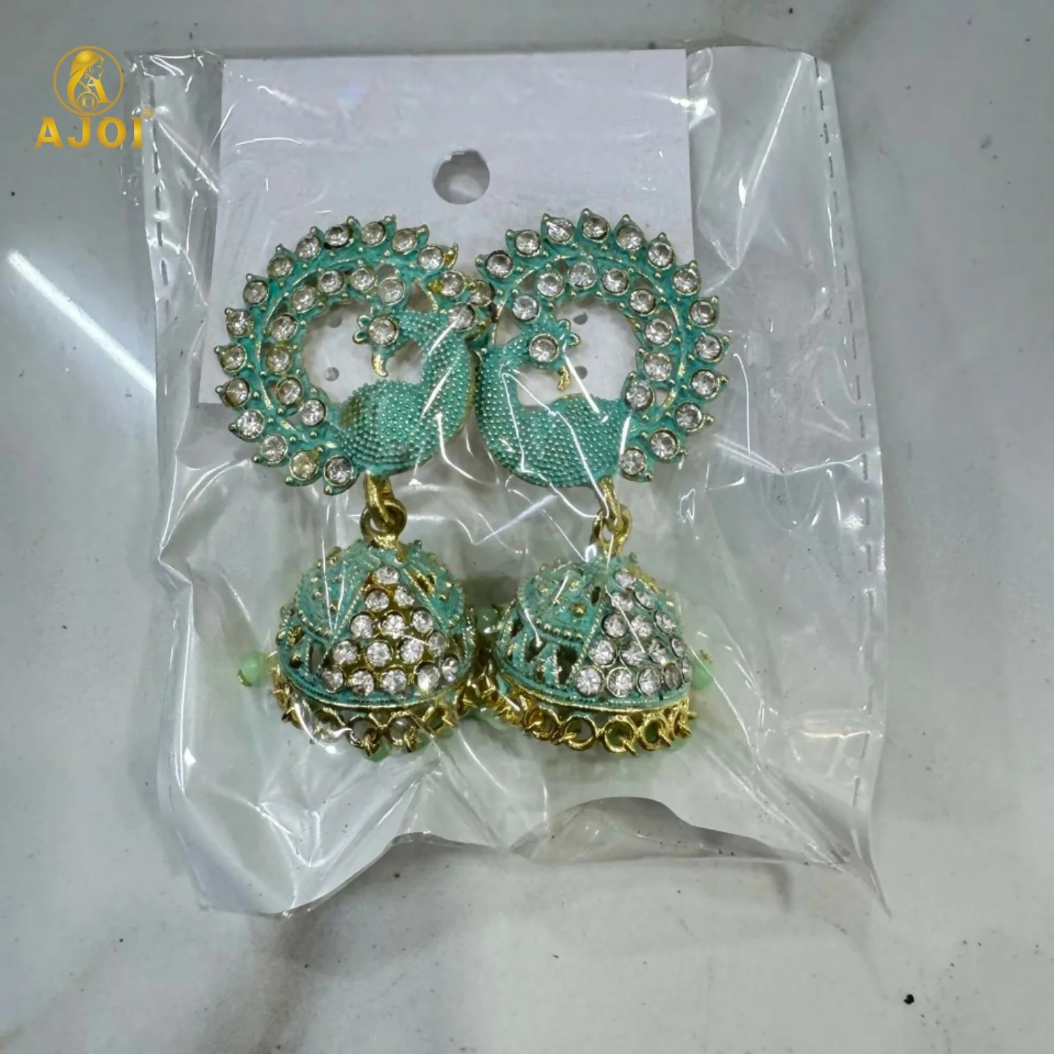 Mint Green Peacock Stone Jhumka Earrings - Image 8