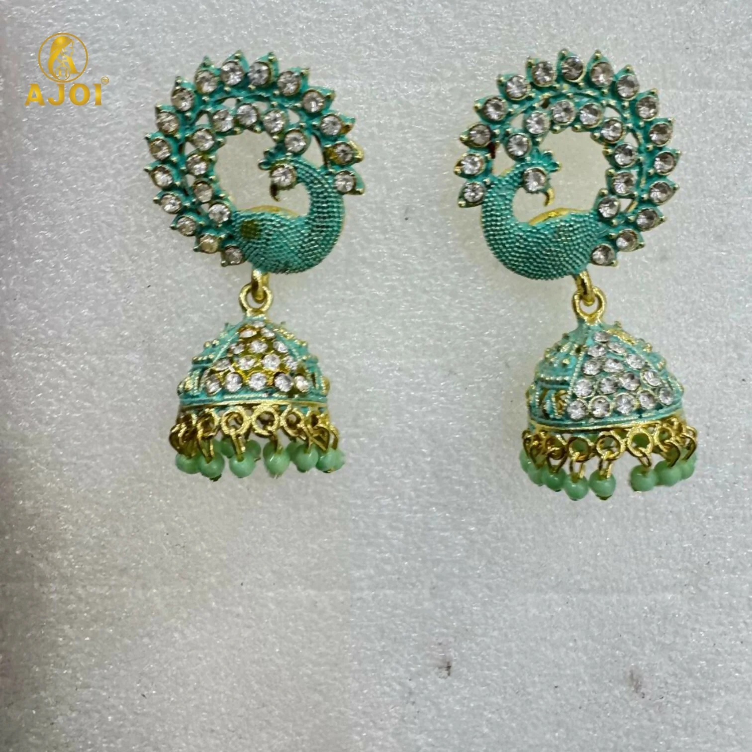 Mint Green Peacock Stone Jhumka Earrings - Image 9