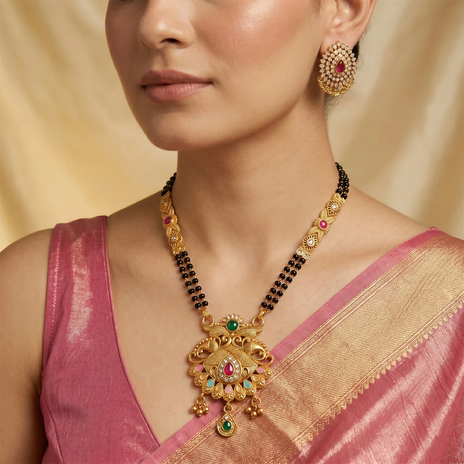 Mirrored Twin Peacock Pendant with Pastel Drop Long Double Strand Mangalsutra - Image 2