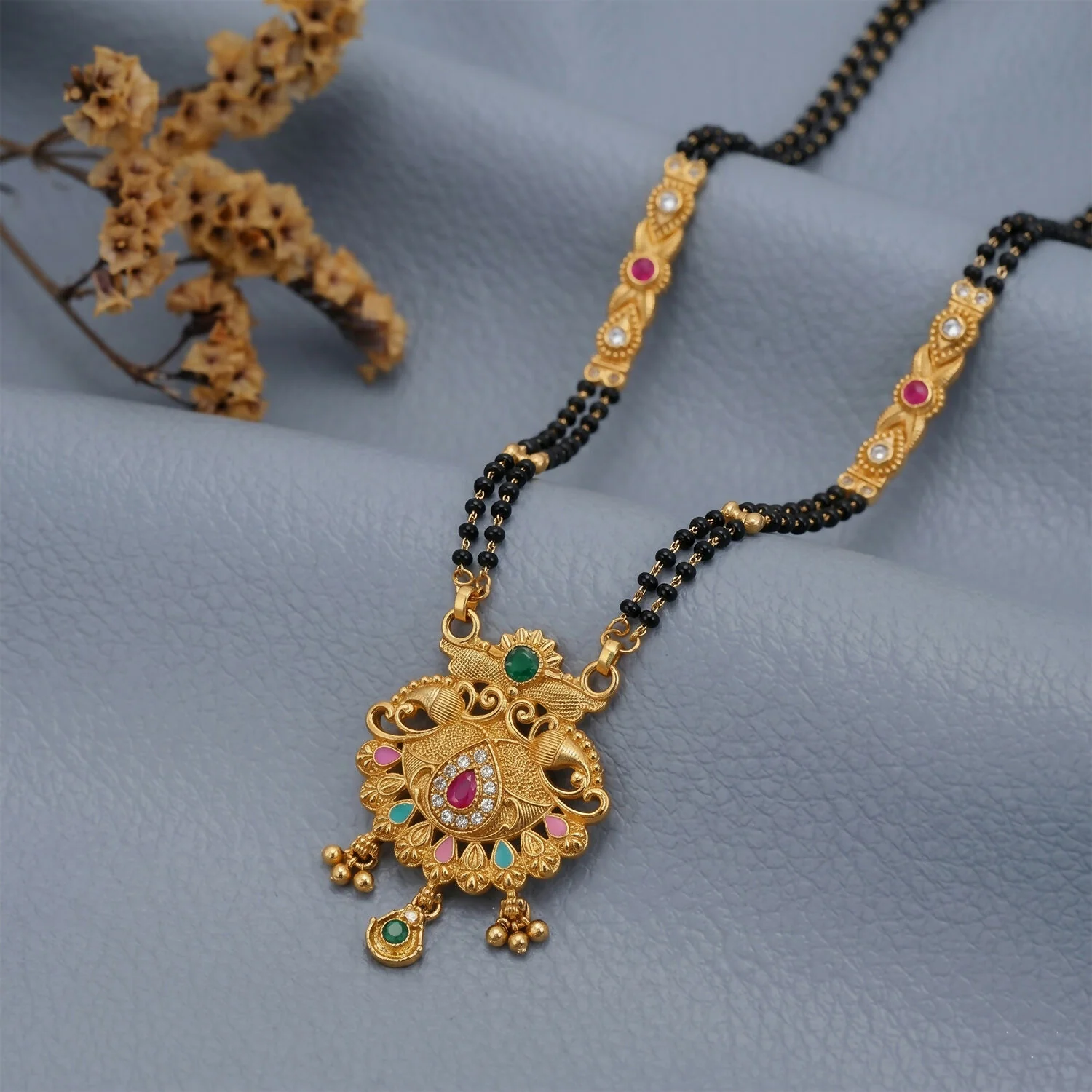 Mirrored Twin Peacock Pendant with Pastel Drop Long Double Strand Mangalsutra - Image 3