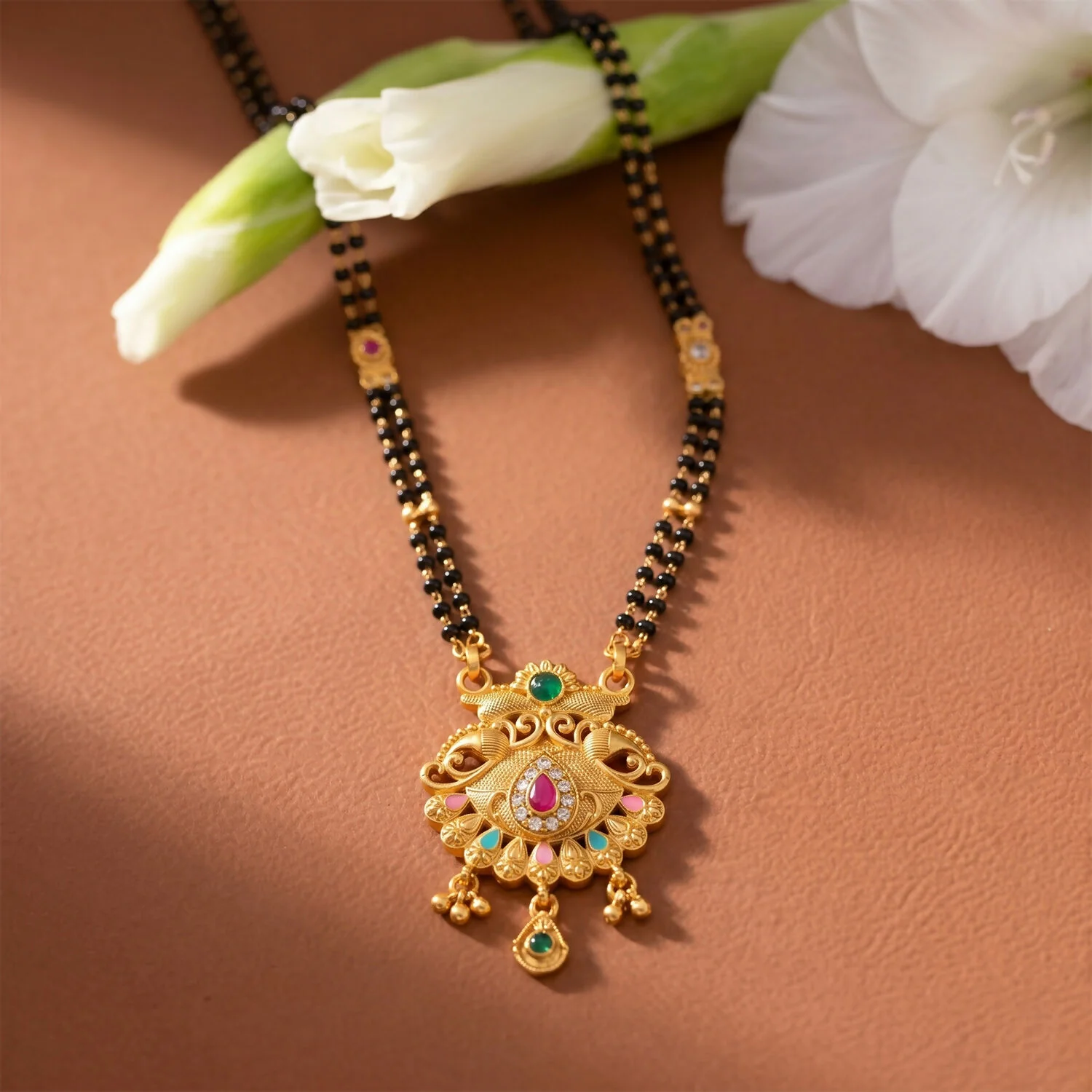 Mirrored Twin Peacock Pendant with Pastel Drop Long Double Strand Mangalsutra - Image 4