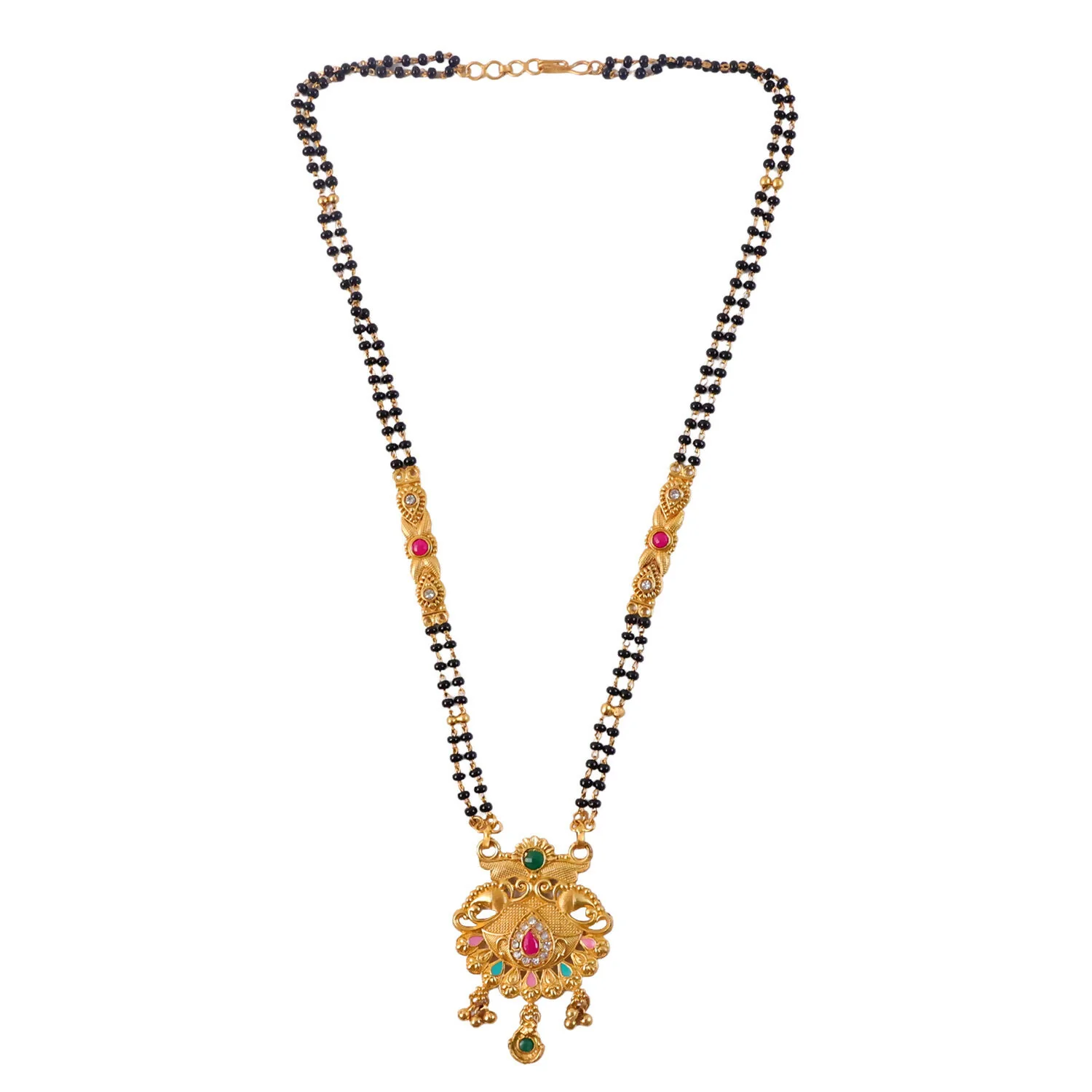Mirrored Twin Peacock Pendant with Pastel Drop Long Double Strand Mangalsutra - Image 5