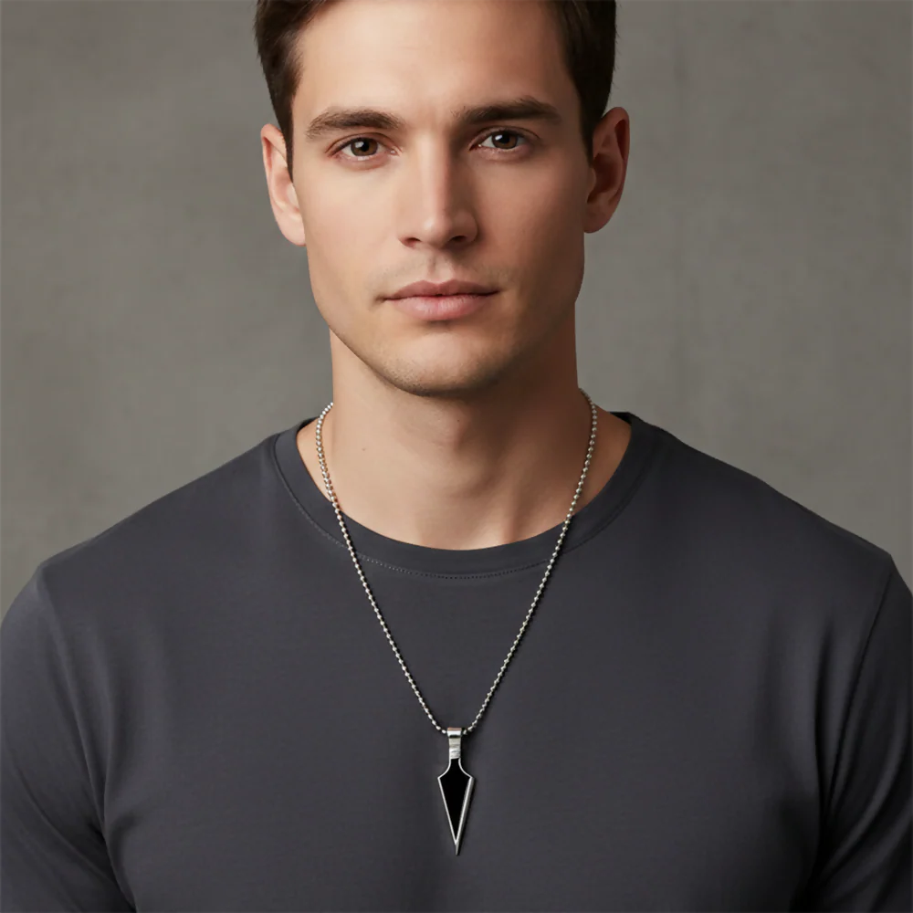 Modern Arrowhead Black & Silver Pendant Necklace for Men - Image 2