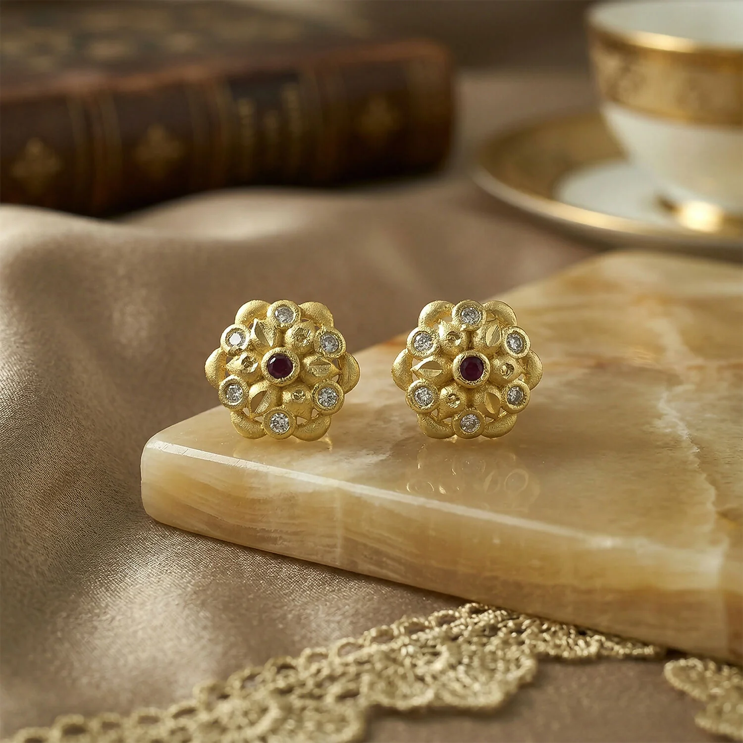Modern Circular Gold Stud Earrings with Crystal Triangle Design - Image 3