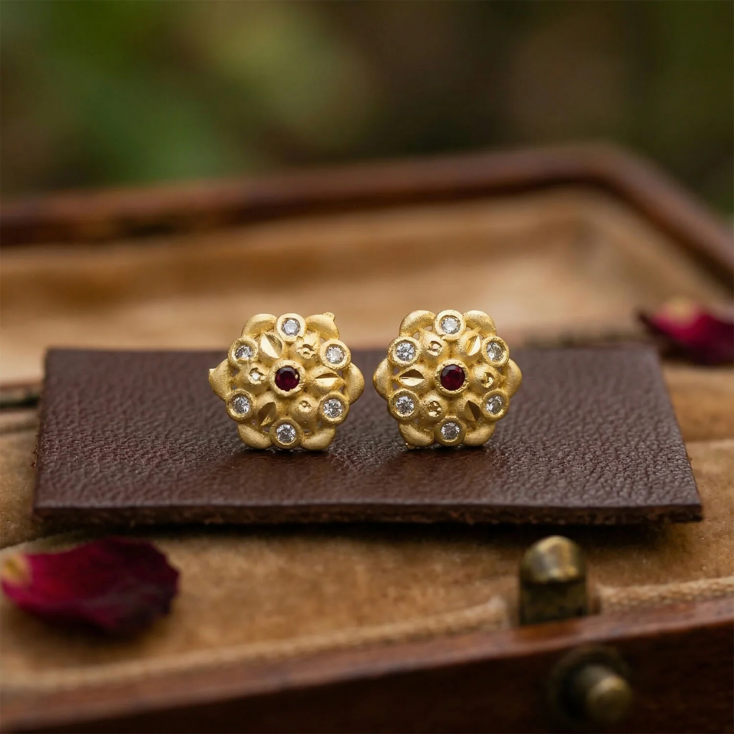 Modern Circular Gold Stud Earrings with Crystal Triangle Design - Image 4