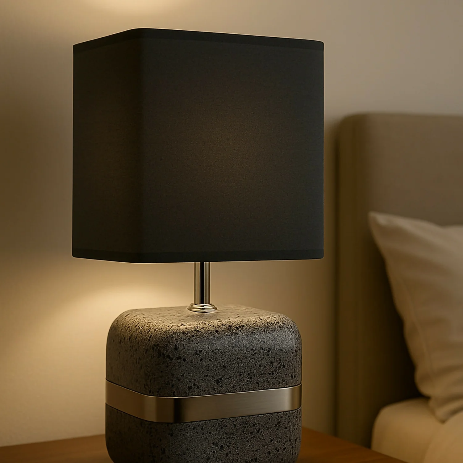 Modern Concrete Textured Table Lamp with Grey Square Fabric Shade & Silver Accent Band | Luxury Minimalist Bedside, Living Room & Study Night Lamp | Soft Ambient Lighting Home Décor Piece - Image 2