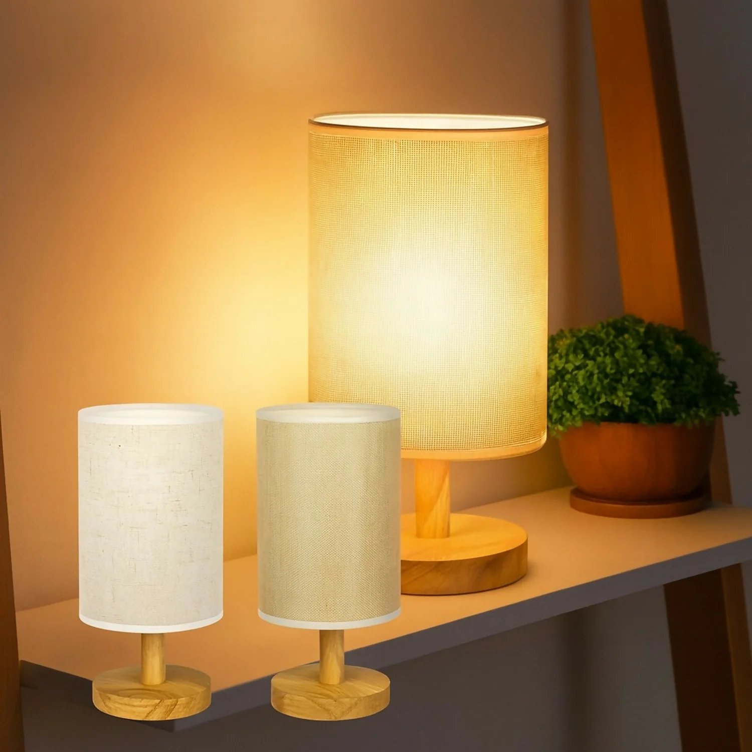 Modern Fabric Shade Table Lamp with Wooden Base for Bedroom & Living Room - Image 3