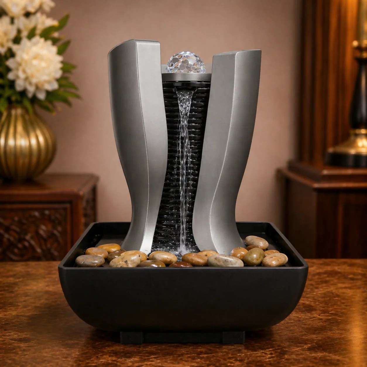 Modern Grey Tabletop Water Fountain with LED Light & Pebbles - Image 2