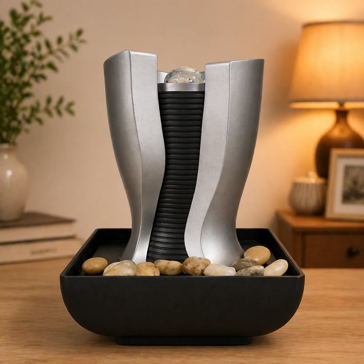 Modern Grey Tabletop Water Fountain with LED Light & Pebbles - Image 3
