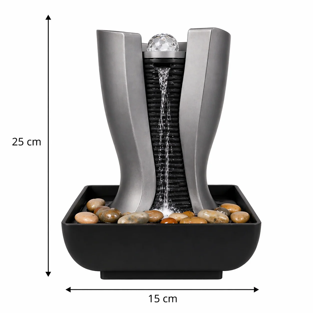 Modern Grey Tabletop Water Fountain with LED Light & Pebbles - Image 4