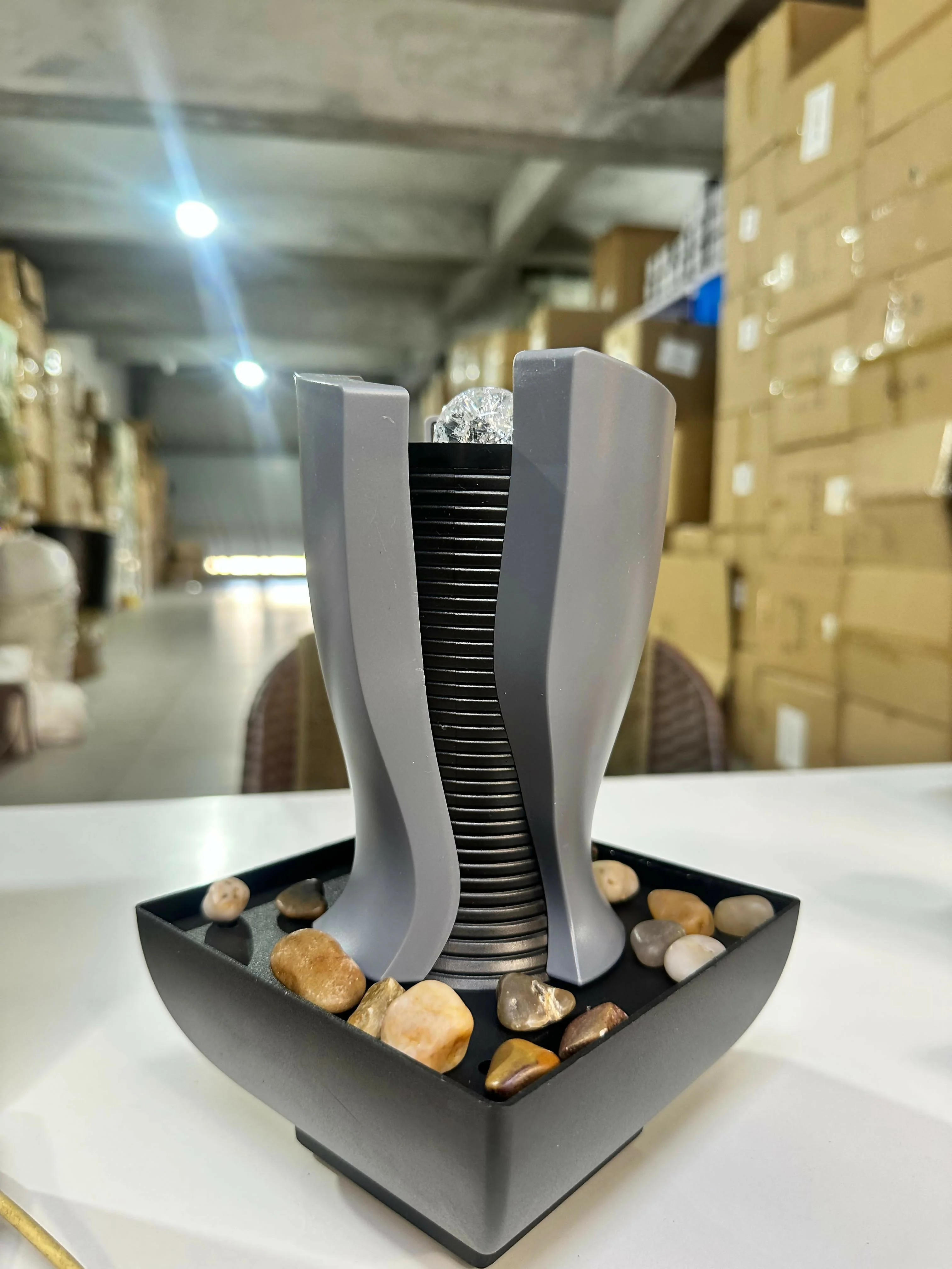 Modern Grey Tabletop Water Fountain with LED Light & Pebbles - Image 5