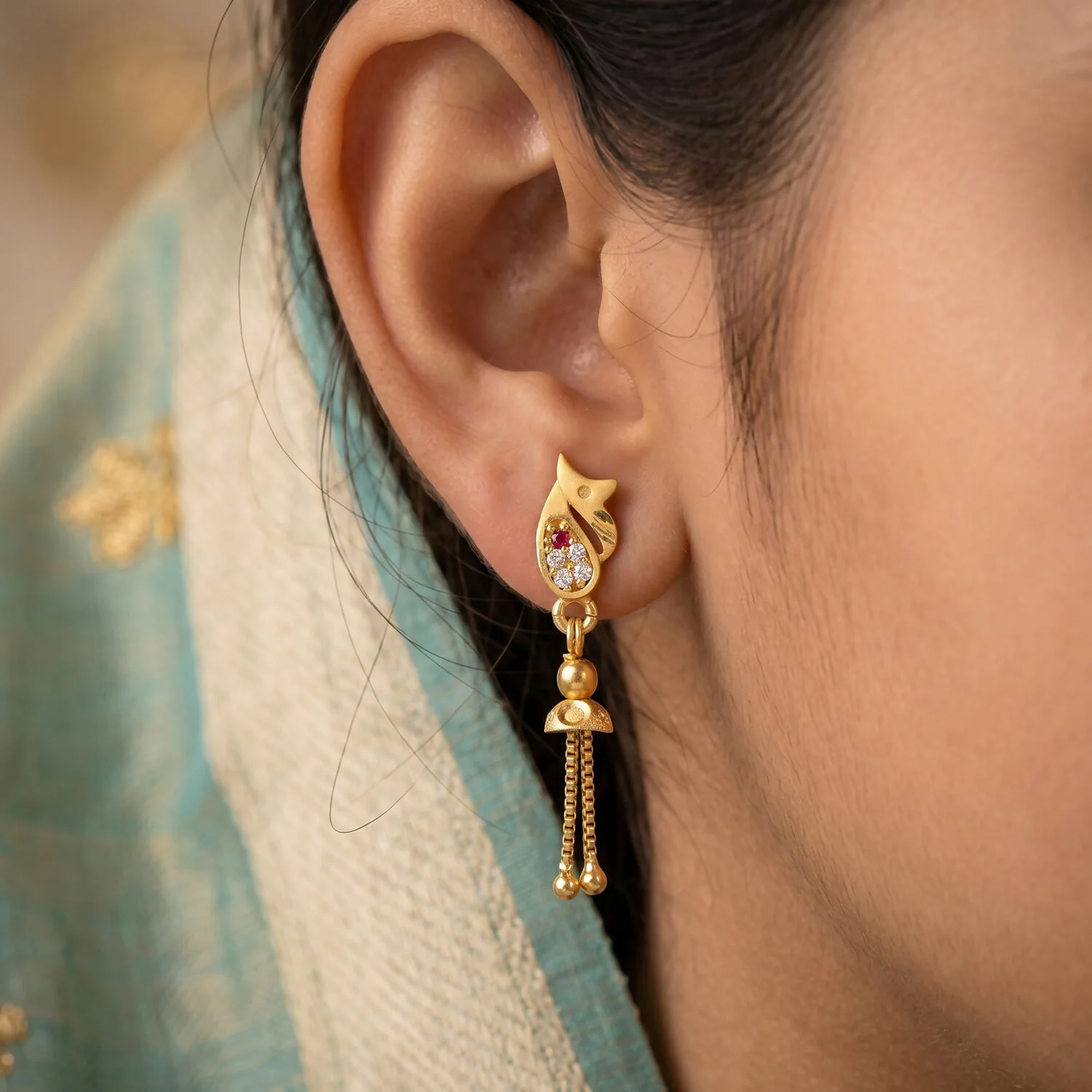 Modern Heritage Gold Casting Floral Teardrop Chain Drop Earrings for Women (1 Pair) - Image 2