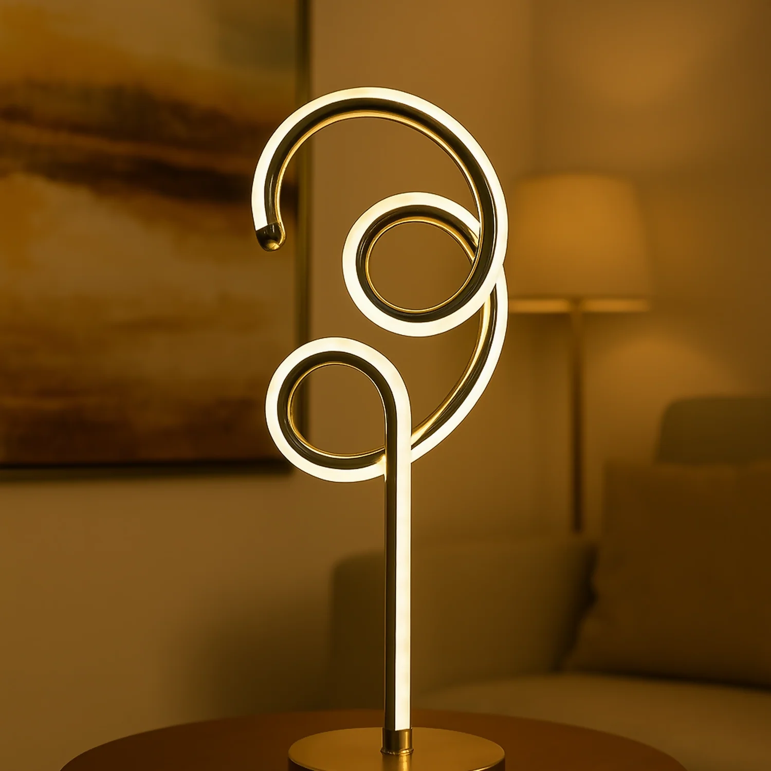 Modern Luxury Spiral LED Table Lamp for Home Décor | Golden Metal Artistic Spiral Design Ambient Light | Warm LED Mood Night Lamp for Bedroom, Living Room, Side Table, Office Decoration | Energy-Efficient Decorative Desk Lamp - Image 3