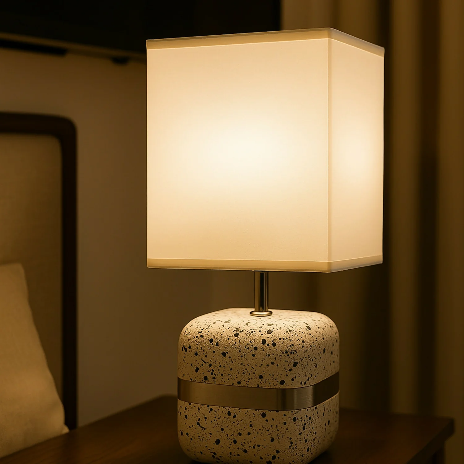 Modern Terrazzo Textured Table Lamp with White Fabric Shade - Image 3