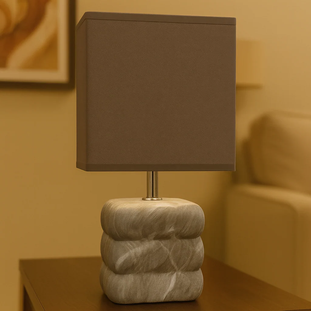 Modern Textured Grey Ceramic Table Lamp with Round Fabric Shade & Minimalist Metal Detailing | Luxury Bedside, Living Room & Study Night Lamp | Soft Ambient Lighting Decorative Home Décor Piece - Image 3