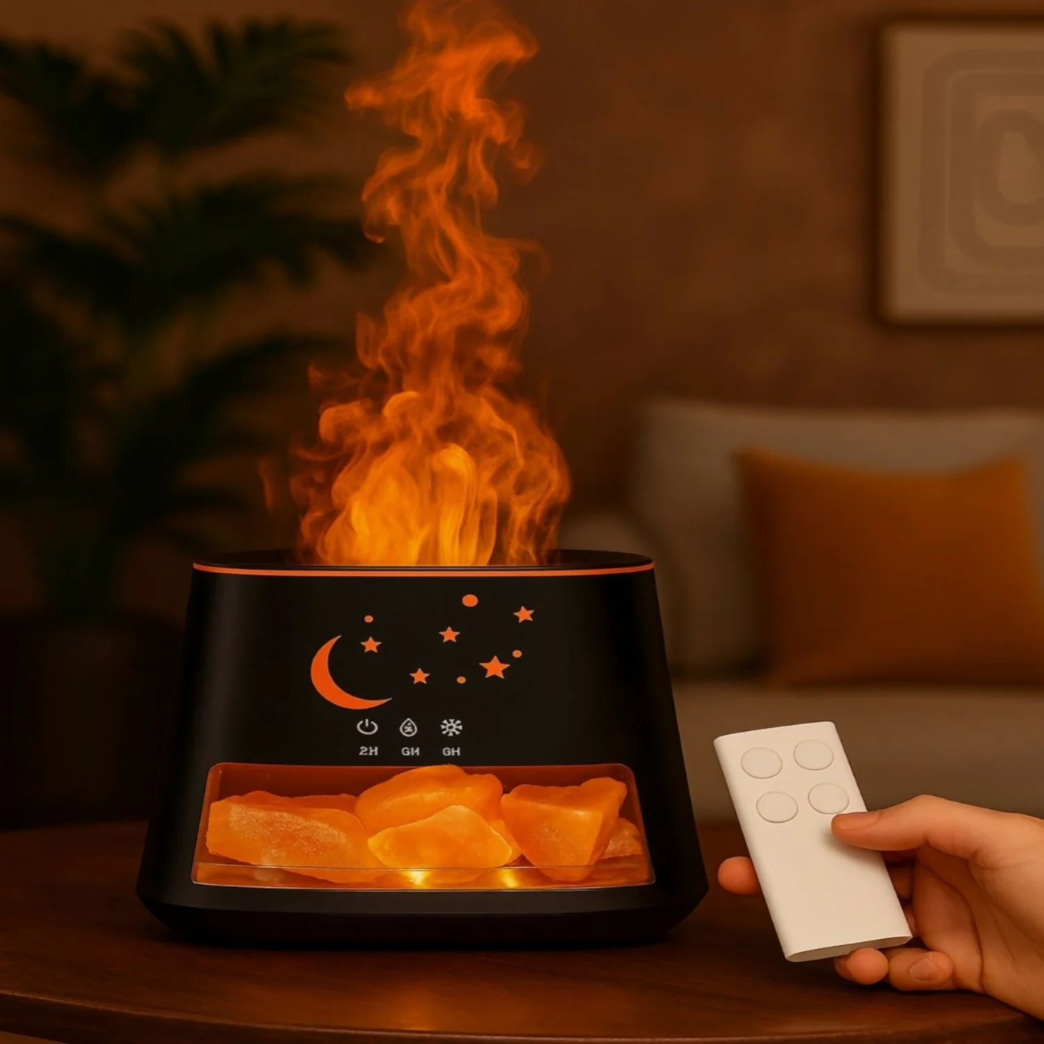 Moon & Stars Flame Aroma Diffuser with Himalayan Salt Rocks & Remote - Image 2