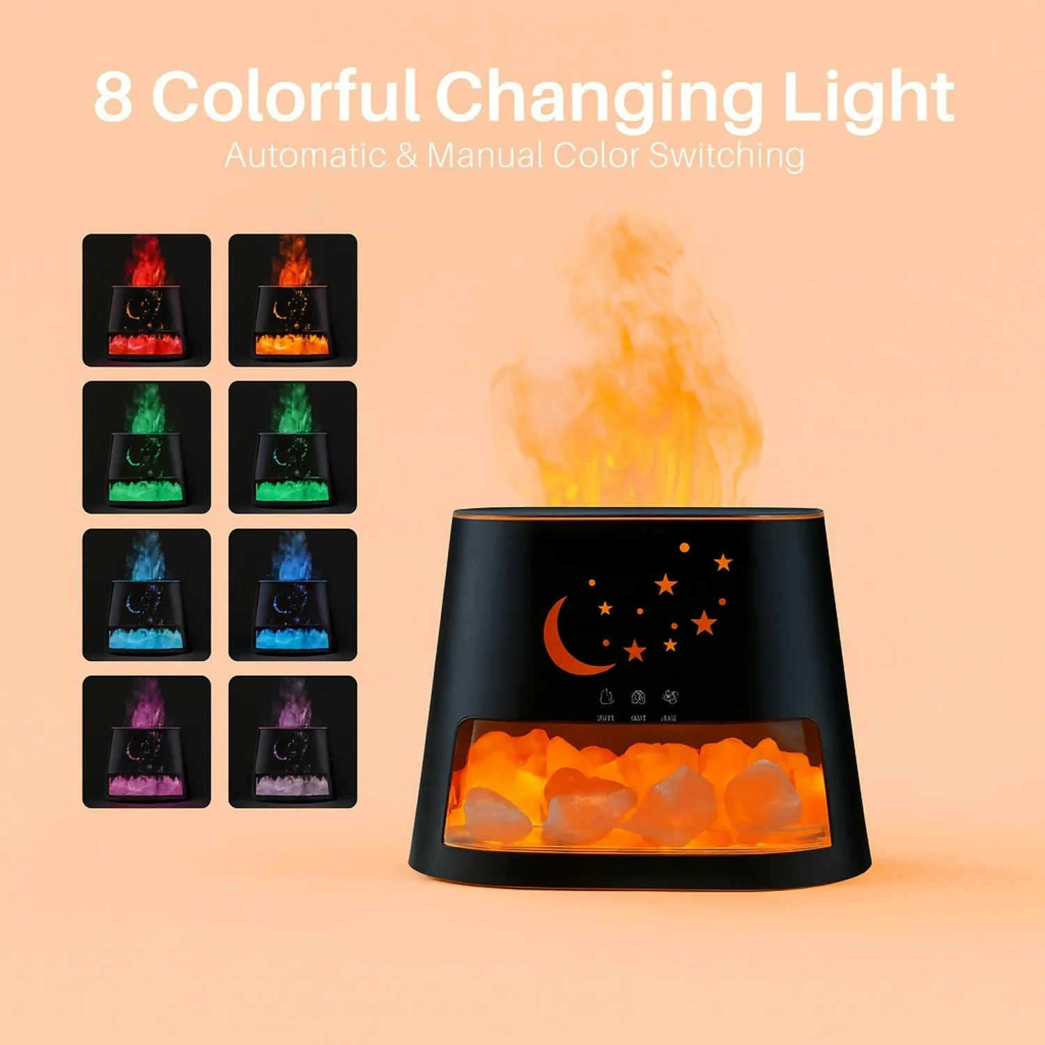 Moon & Stars Flame Aroma Diffuser with Himalayan Salt Rocks & Remote - Image 3